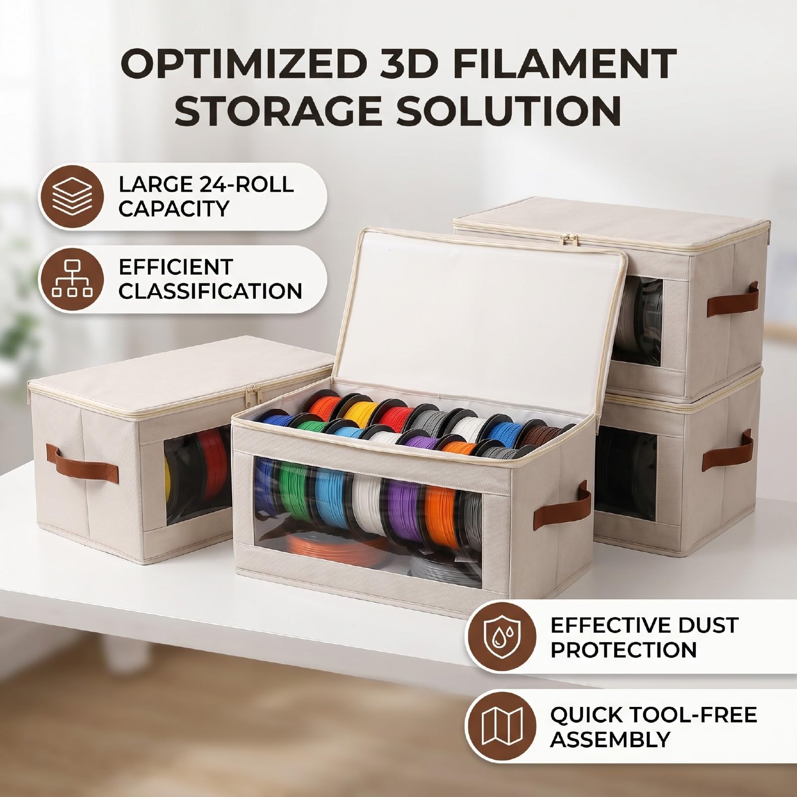 Filament-Aufbewahrungsbox, 4er-Pack, Faltbar, Wasserdicht, Transparent, 3D-Drucker-Filament-Trockenbox, Fasst Bis zu 24 Rollen, Druckzubehör-Halterregal für Zuhause, Büro (Beige)