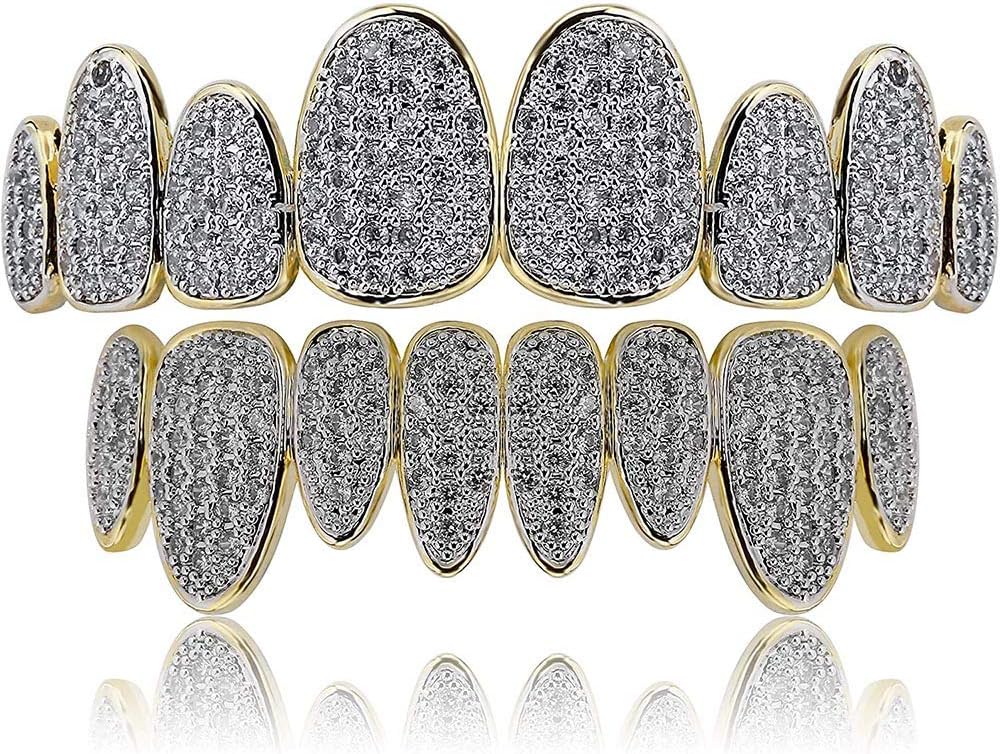 canjoyn 18K Gold Plated Iced Out Simulated Diamond Grills for Your Teeth with Molding Bars