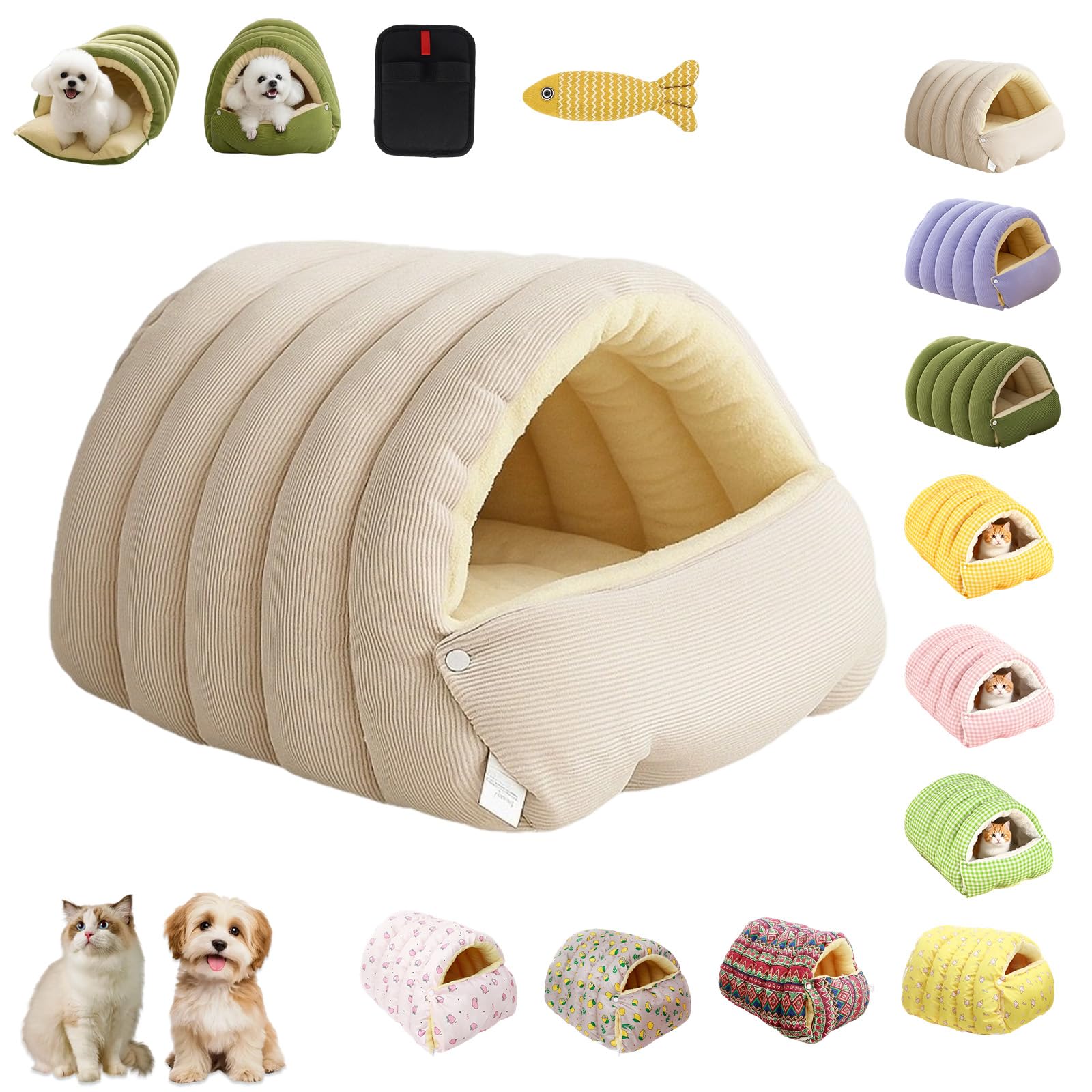 Cutypet Winter Cave, Cozy Monster Cat Bed with Removable & Washable Cushioned, Warm Cats House Tent Bed with Non-Slip Base in Indoor for Cats, Kittens And Small Dogs (Light Beige,L)
