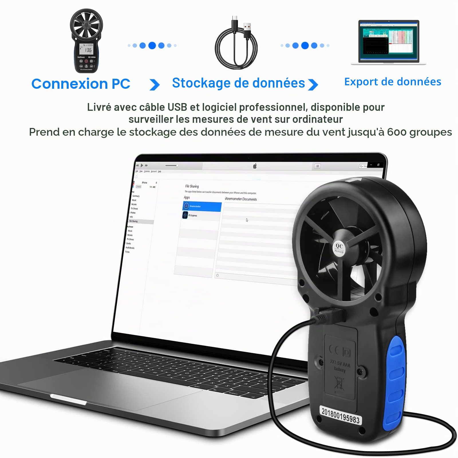 Kethvoz VMC Anémomètre Portable avec Thermomètre pour Mesure la vent vitesse debit d air VMC, Humidité, Température pour Système de collecte de poussière CVC, KE-866A