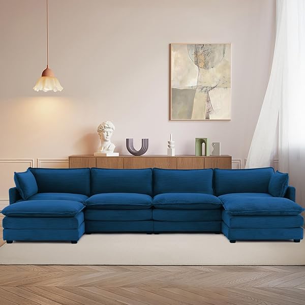 148'' Sectional Modular Cloud Couch, Oversized U Shaped 4 Seat Sofa with 2 Movable Ottomans, 2 Throw Pillows, Upholstered Corduroy U Shape Comfy Deep Couches for Living Room and Office, Blue