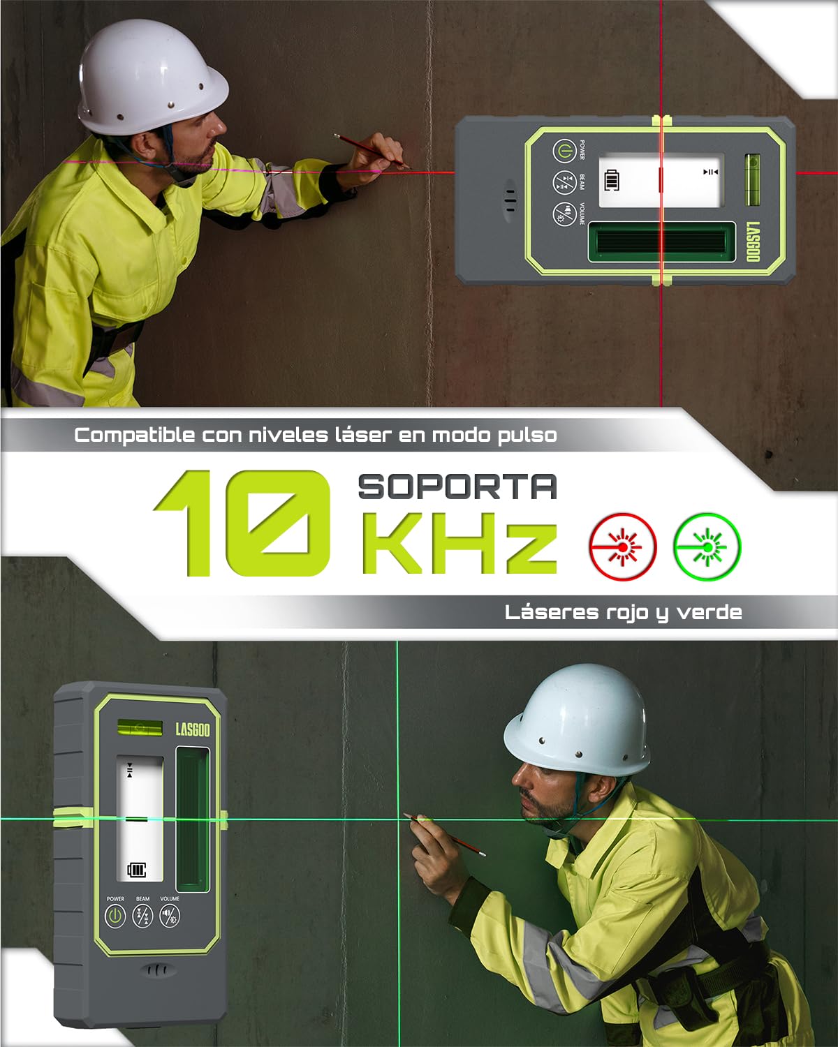 LasGoo Detector Láser para Nivel láser, Receptor en Modo Pulso, Alcance de 50 m, Pantalla Dual LCD con retroiluminación, Altavoz Ajustable, Nivel de Burbuja y Abrazadera incluida
