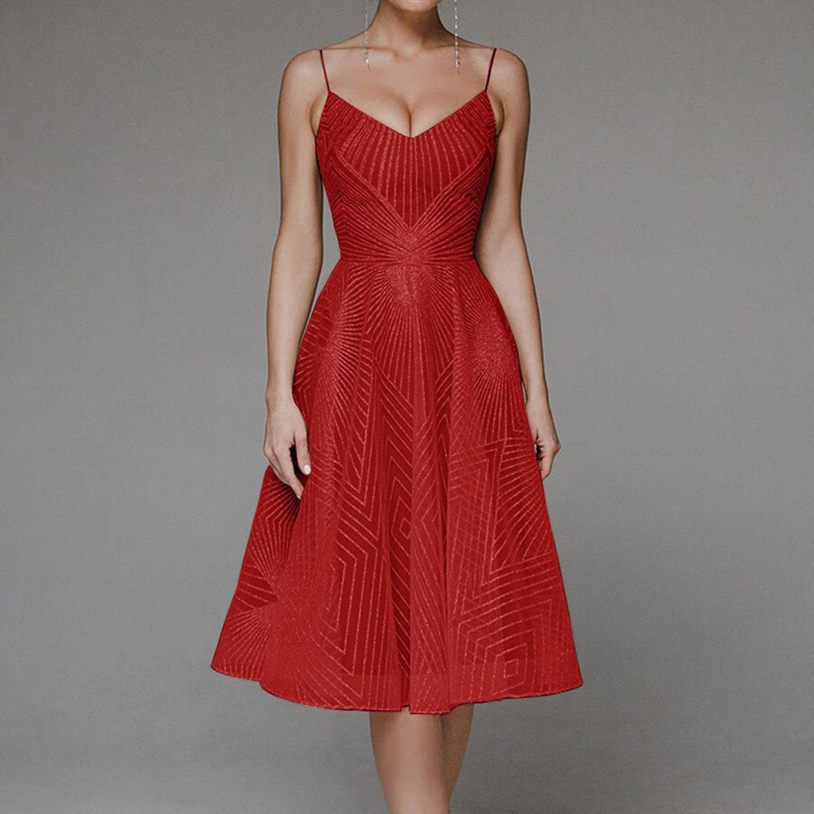 Swing Abito da cocktail da donna, elegante, in pizzo, senza maniche, per feste, ballo, scollo a V, con spalline sottili, abito da sera, a vita alta, linea ad A