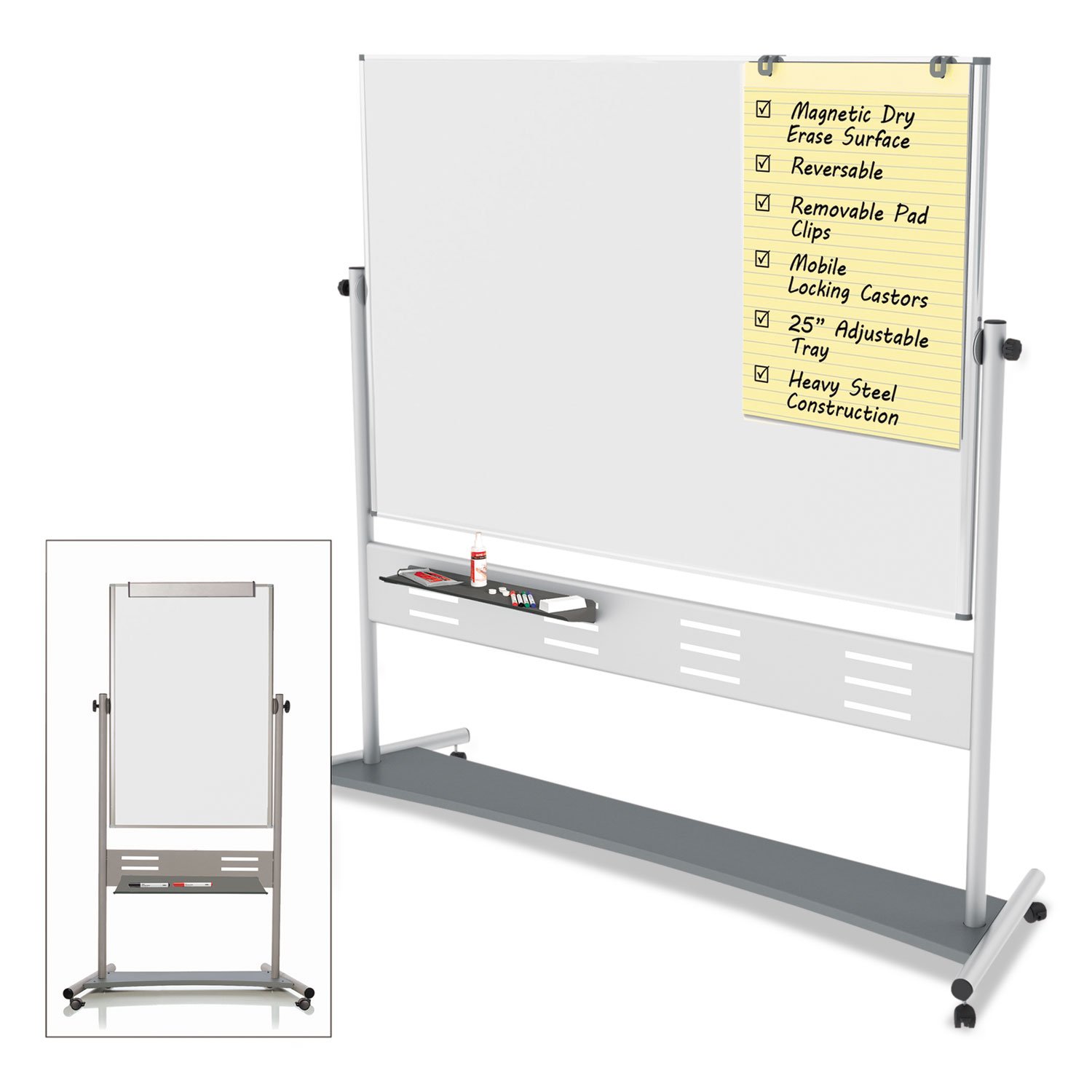 MasterVision QR5507 Magnetic Reversible Mobile Easel, 70 4/5w x 47 1/5h, 80-Inch h, White/Silver