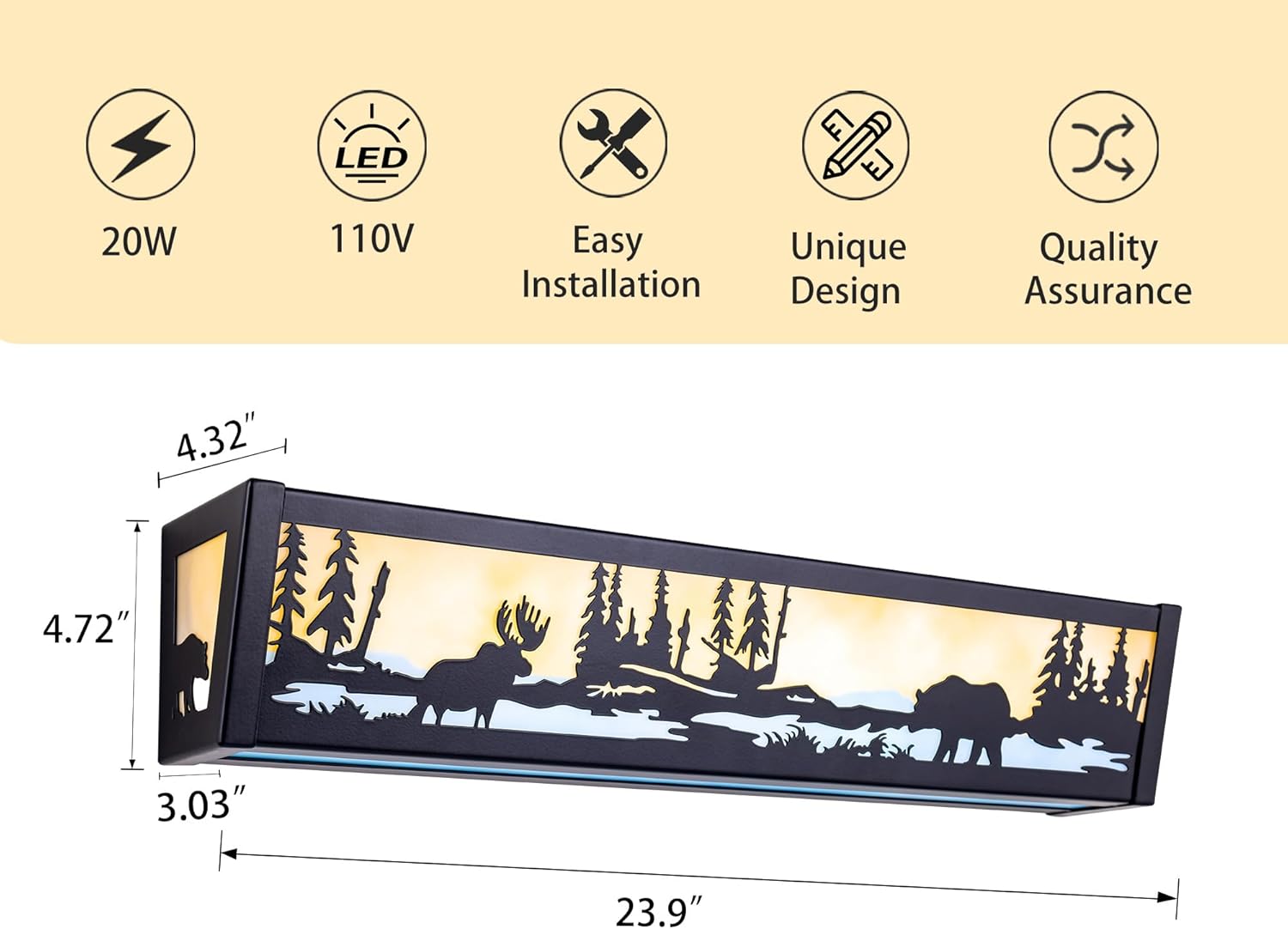 TOCHIC Farmhouse LED Bathroom Vanity Light, Matte Black Western Light Fixture Over Mirror, Rustic Deer & Bear Vanity Lights for Bathroom, Mirror Cabinets, Powder Room, Living Room, 24" L