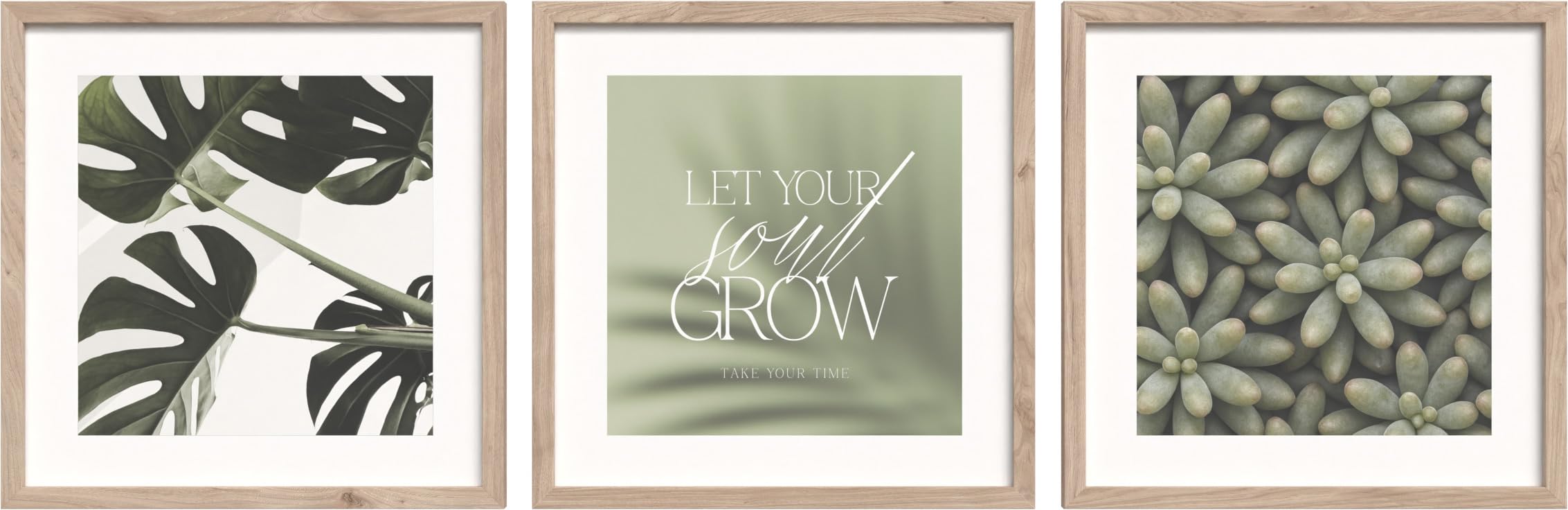 STYLER Zestaw obrazów Soul Grow 3 x 30 x 30 cm (gotowy do zawieszenia), z wysokiej jakości drewnianą ramą, zielono-beżowe, botaniczne obrazy ścienne w stylu boho, monstera, minimalistyczne, nowoczesne