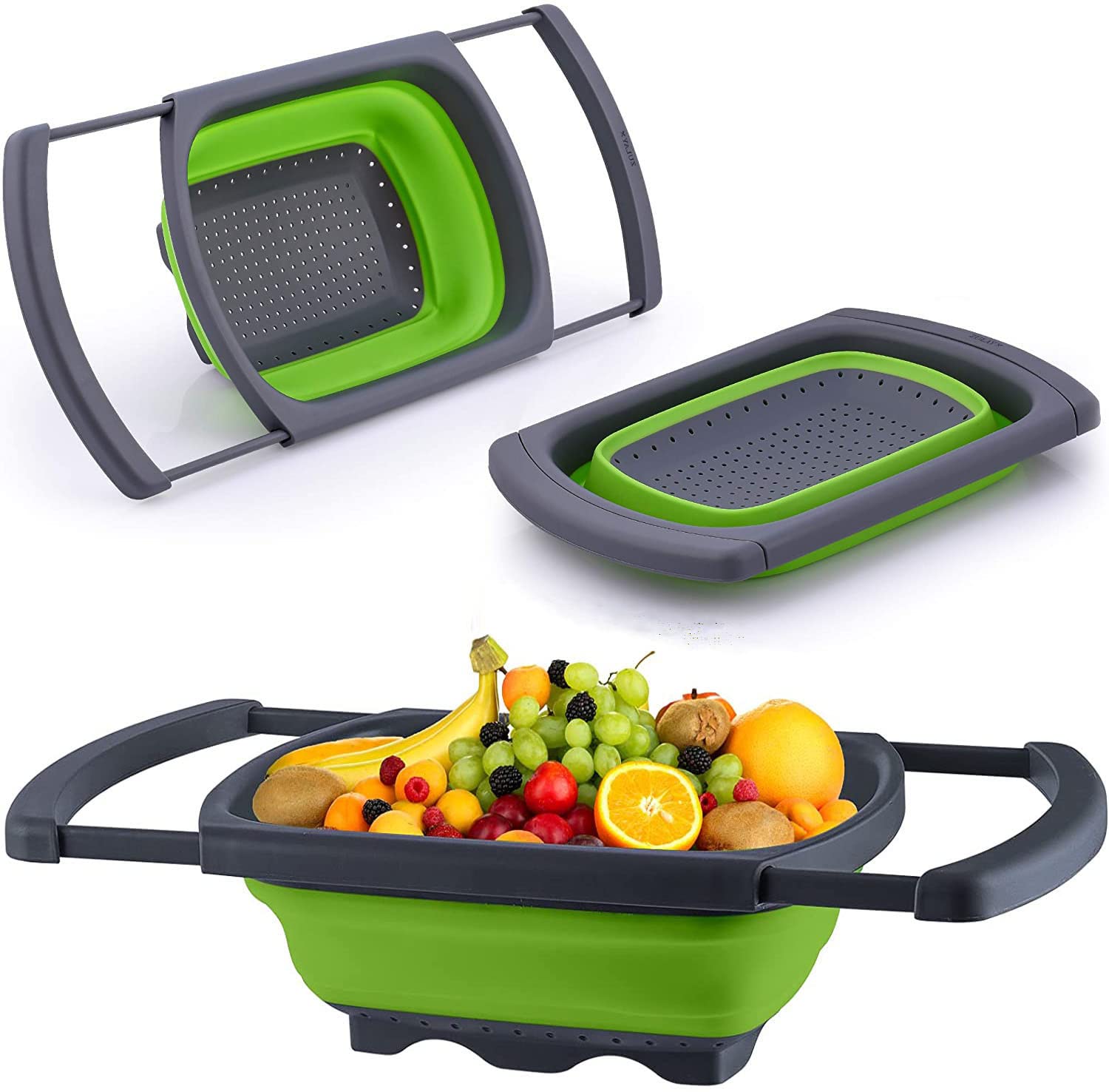 Collapsible Colander, Foldable Drain Basket, Over the Sink Colander Strainer with Extendable Handles, Silicone Folding Colanders Food Strainers Kitchen Gadgets for Draining Pasta, Vegetable and Fruit