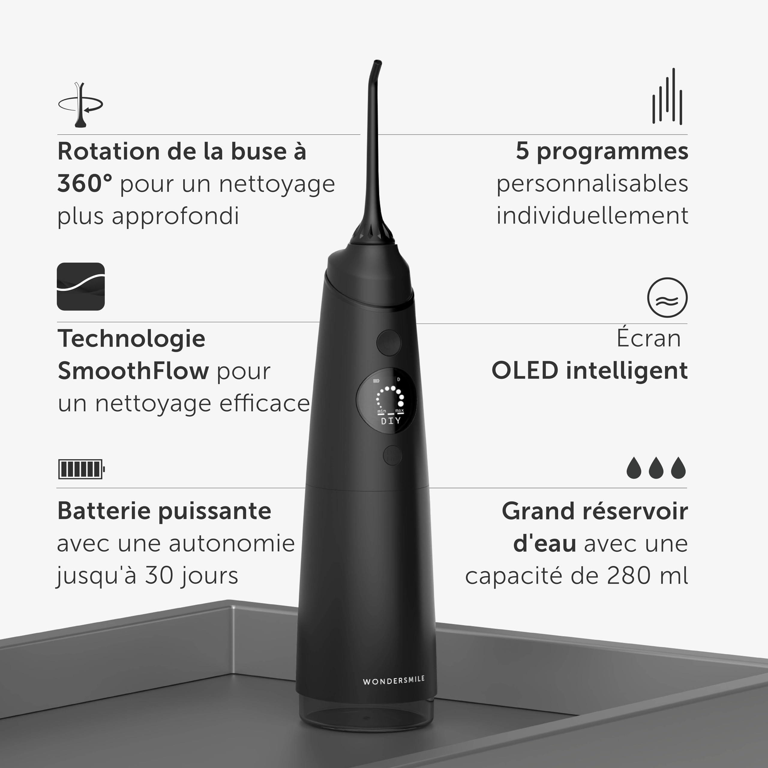 WonderSmile Hydropulseur PRO - Lauréat 2025 - testé TÜV SÜD - essai 100 jours sans risque - technologie SmoothFlow pour dents & gencives - 5 modes - batterie 30 jours