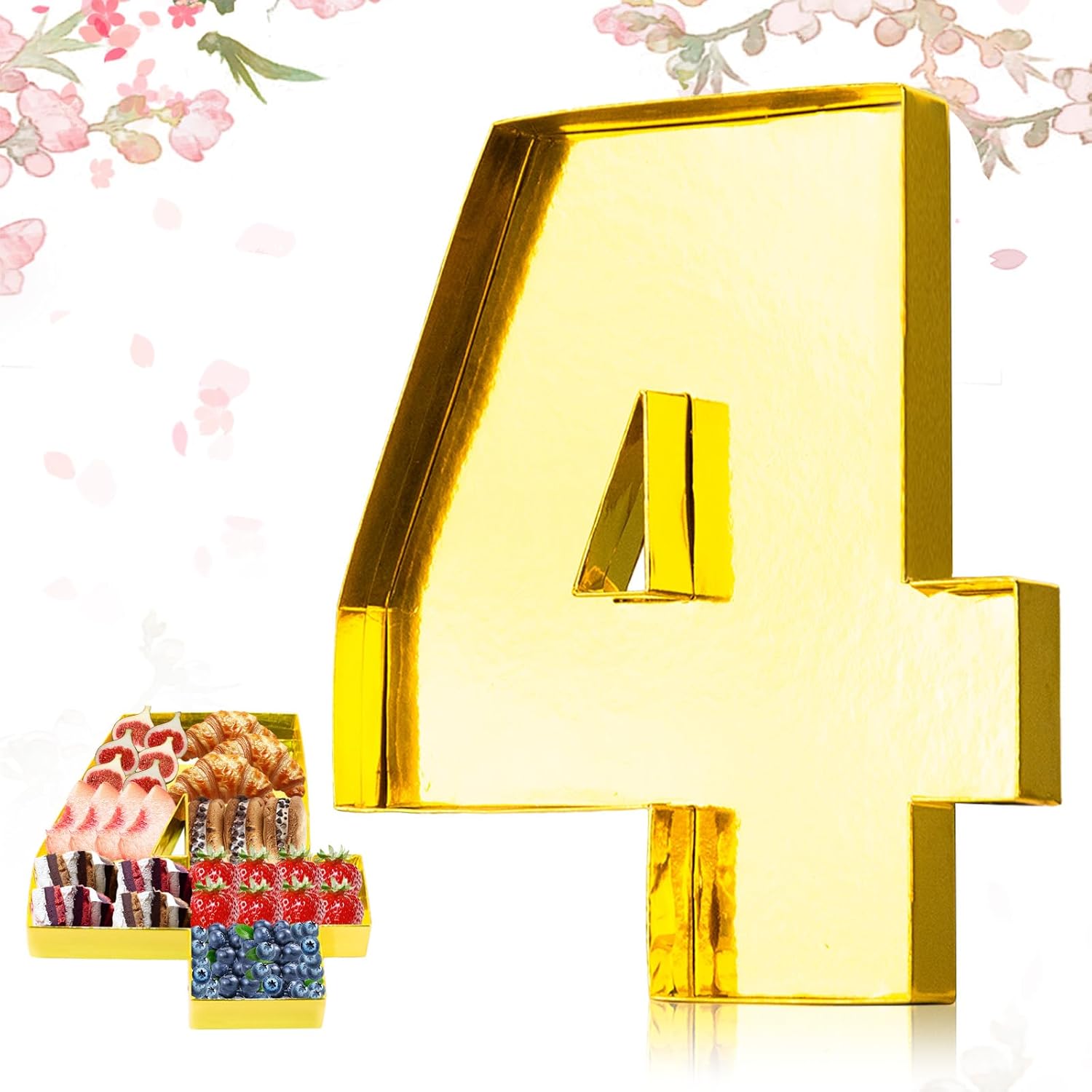 Cardboard Numbers for Charcuterie, 12'' Number Charcuterie Board Box, Number Paper Mache Box, Fillable Cardboard Numbers Food Tray for Party Decor Birthday Candy Chocolate Cupcake, Number 4, Gold Gold 4