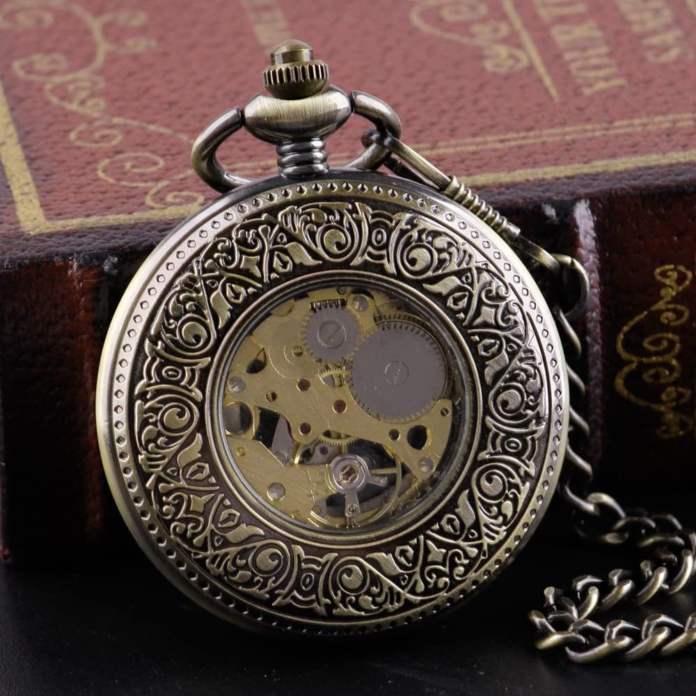 Bronze Retro Mechanical Pocket Watch Skeleton Roman Numerals Hollow Mechanical Pocket Watches with Box