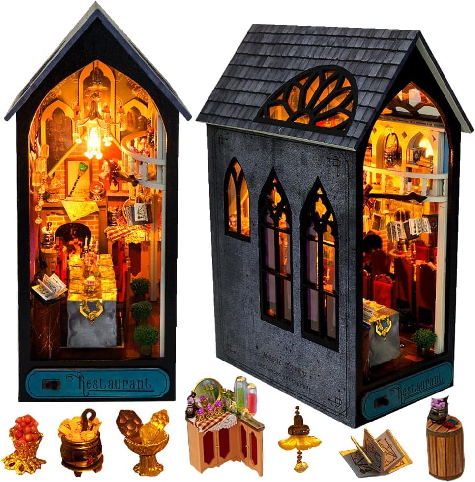 DIY Miniature House Kit, European Style Book Nook Kit, Illusion Mirror Design Miniature Dollhouse Kit, Booknook Bookshelf Desktop Decor Model Build Creativity Gift for Women and Adults