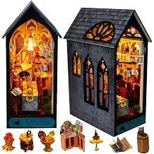 DIY Miniature House Kit, European Style Book Nook Kit, Illusion Mirror Design Miniature Dollhouse Kit, Booknook Bookshelf Desktop Decor Model Building Creativity Gift for Women and Adults