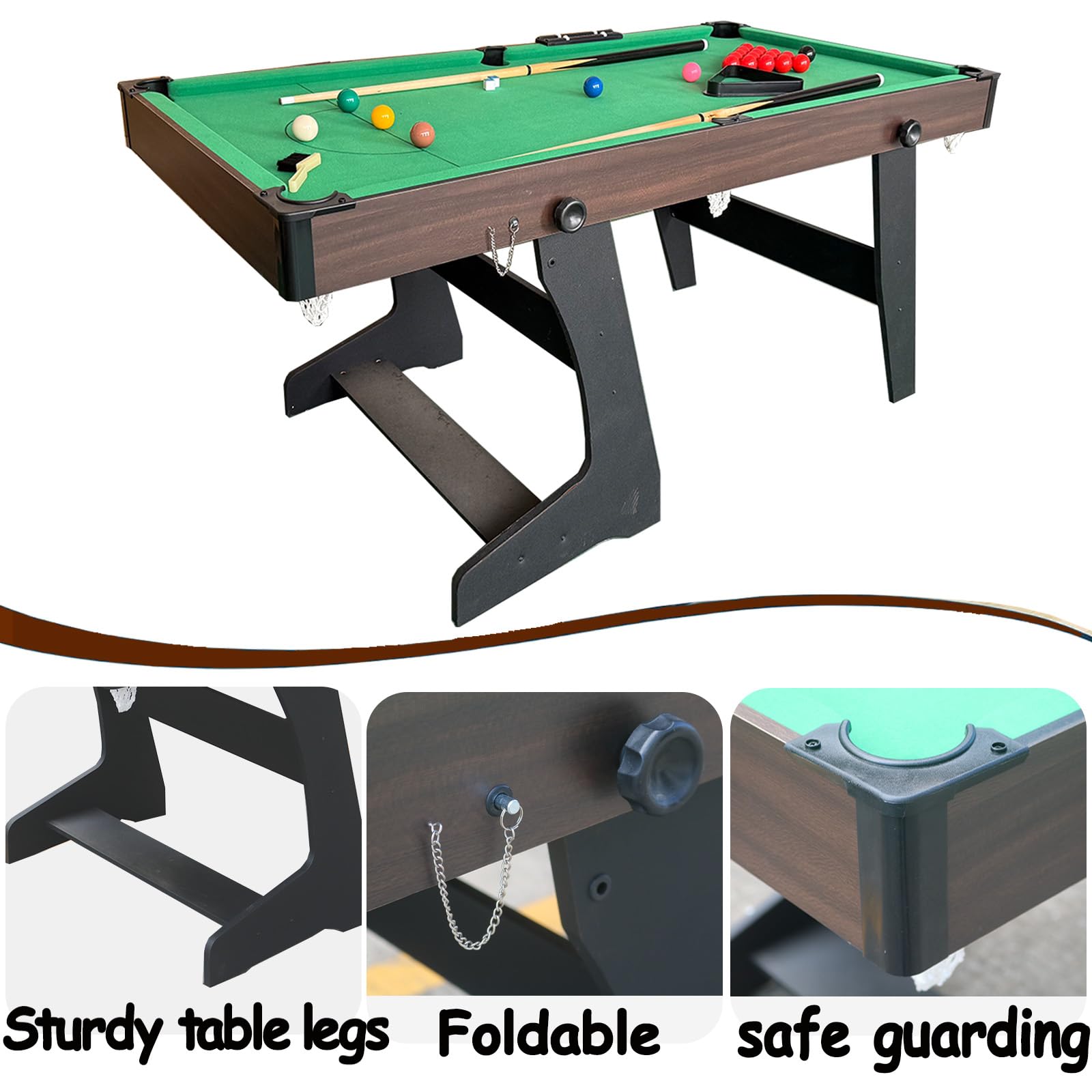 6FT Poolbillardtisch Klappbarer Snookertisch Billardtisch mit sämtlichem Zubehör für Kinder und Erwachsene