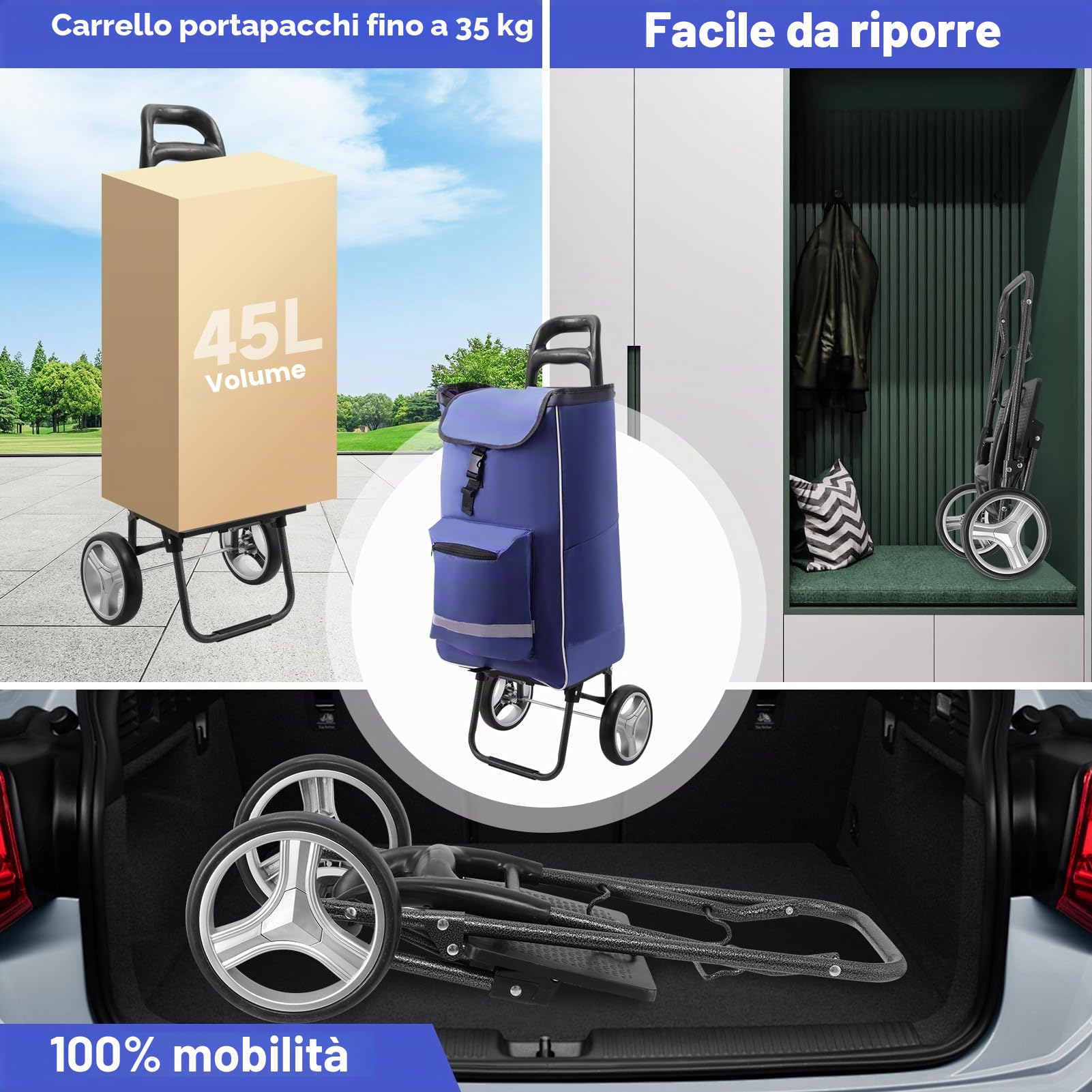Trolley per la spesa 3 in 1, grande 45 l, carrello della spesa con vano frigorifero, borsa per la spesa con ruote, borsa pieghevole rimovibile, carrello per la spesa, impermeabile