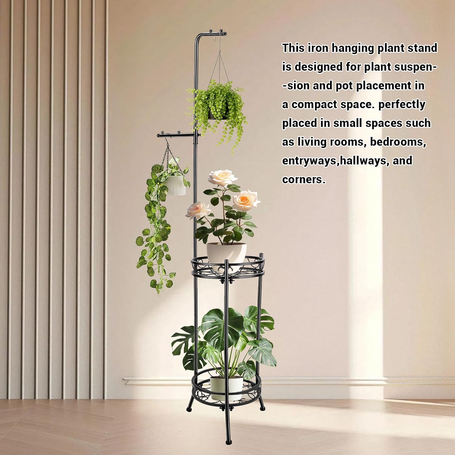 Plant Stand,Adjustable 3 Tier Metal Potted Holder Flower Pot Stand with Hangers,Heavy Duty Plant Shelf Rustproof Iron Multiple Plant Round Supports Rack for Planter Corner Garden Balcony Patio Indoor