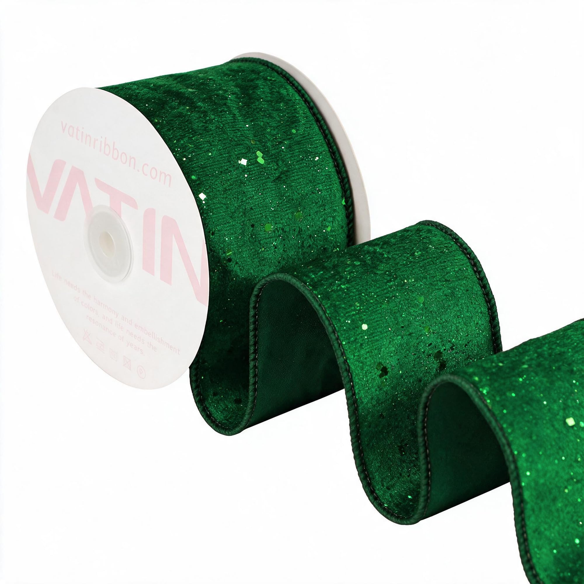 VATIN Green Glitter Wired Ribbon, 65 MM x 9 M, Christmas Tree Decorations