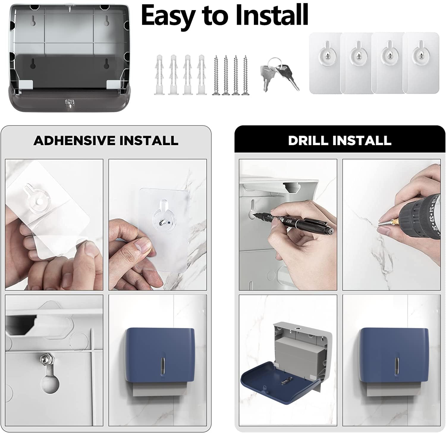 Dispensador de toallas de papel comercial, montaje en pared, azul, paquete de 2 unidades, se adapta a toallas de papel multipliegue para baño, cocina, uso doméstico