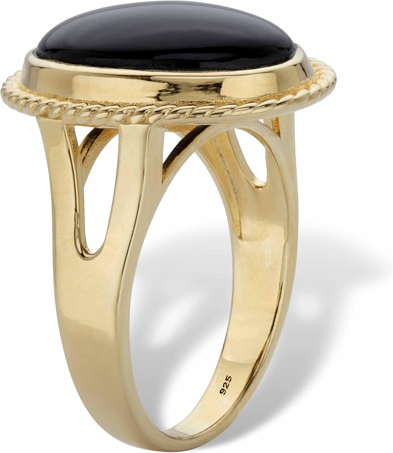 PalmBeach Yellow Gold-plated Sterling Silver Oval Shaped Natural Black Onyx Beaded Halo Ring Sizes 6-10
