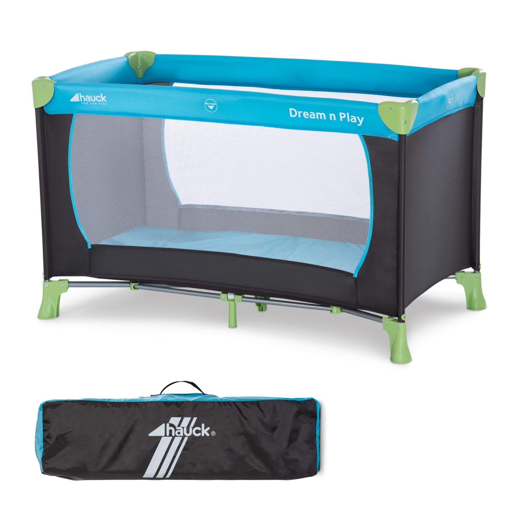 hauck Lit Parapluie Dream N Play 120 x 60 cm - Pour Bébés et Enfants de la Naissance à 15 kg, Léger, Pliage Compact, Sac de Transport et Fond Pliable Inclus, Bleu