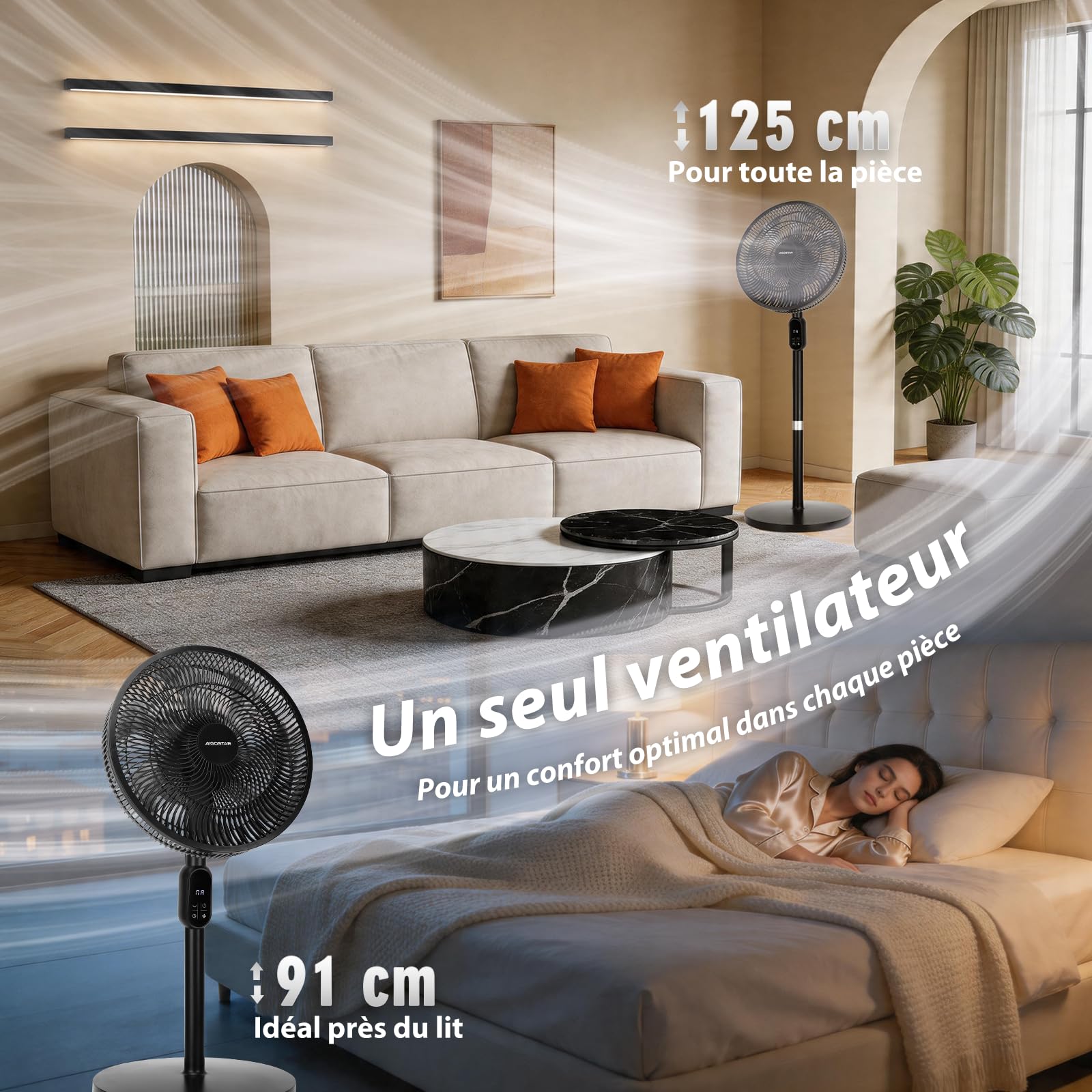 Aigostar Ventilateur sur Pied Silencieux 28dB avec Télécommande, 7 Pales Ventilateur Puissant, Oscillation 120°, Hauteur Réglable 91-125cm, Minuterie 12H, 3 Vitesses/Modes, pour Chambre Salon