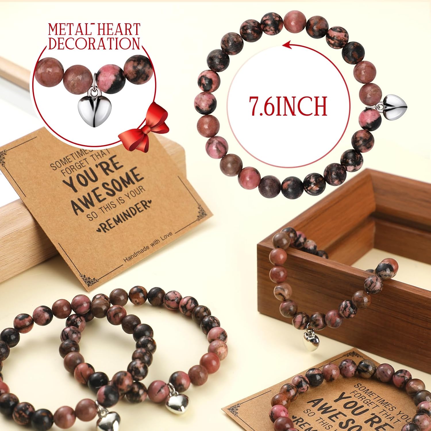 Remuuly 8 Pcs Valentine's Day Gifts Inspirational Bracelet Galentines Day Gifts for Her You're Awesome Adjustable Beaded Natural Stone Bracelet - Image 4