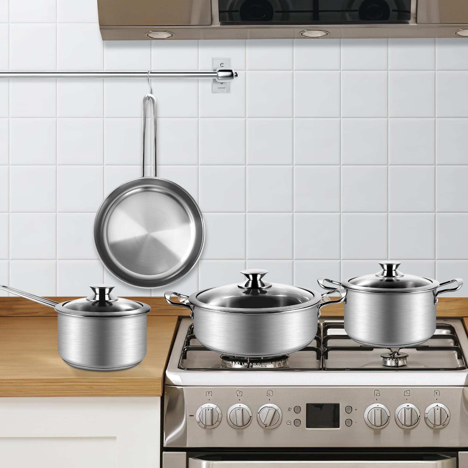 Batterie de Cuisine en Acier Inoxydable à 3 Couches, 7 pièces, Poêle à Frire, Casserole et Marmite avec Couvercle en Verre, Casseroles Adapté à la Tous Feux Dont Induction (Argent)