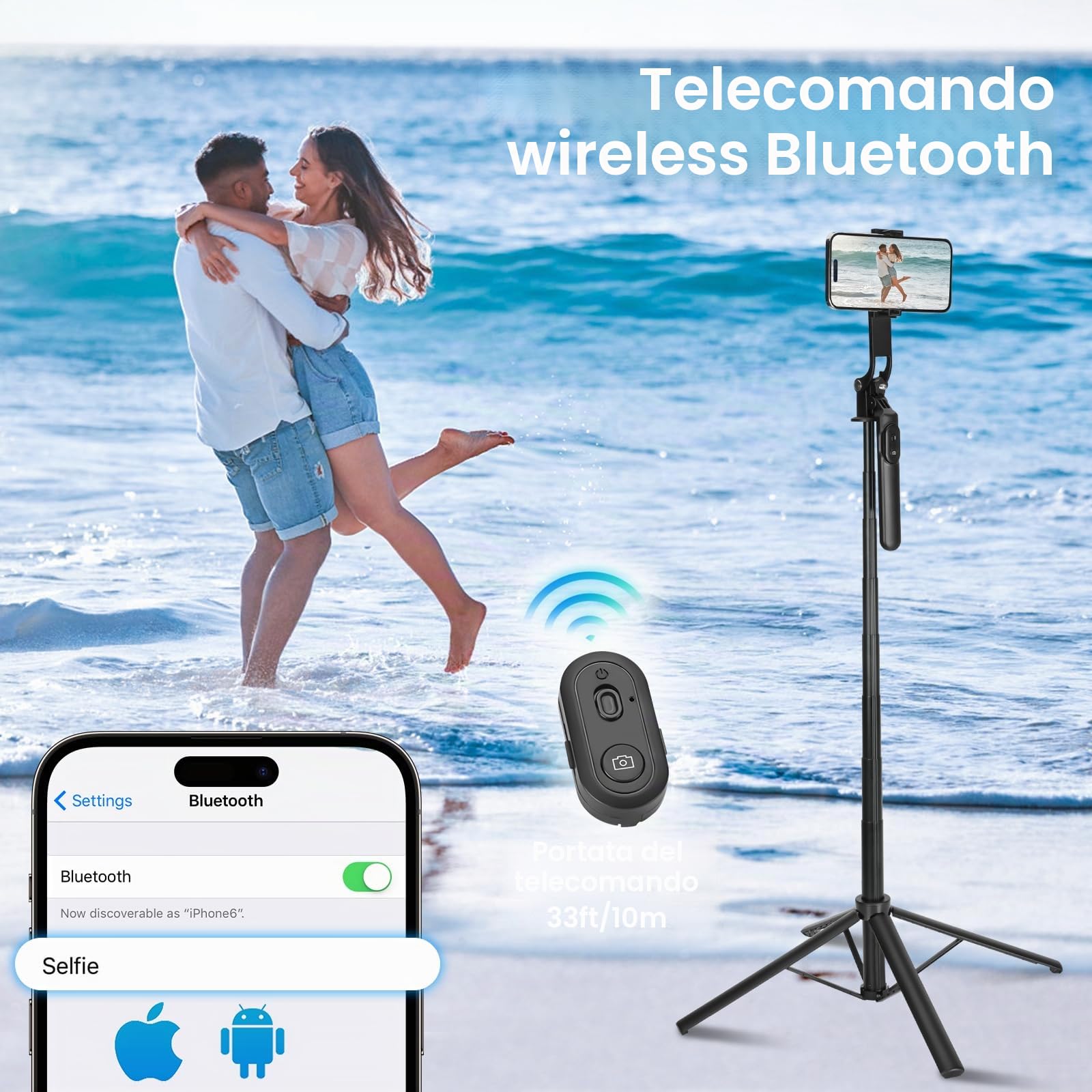 Treppiede per selfie da 177,8 cm, con telecomando ricaricabile, portatile, estensibile, 3 in 1, per registrazione video, selfie da viaggio per iPhone e Android