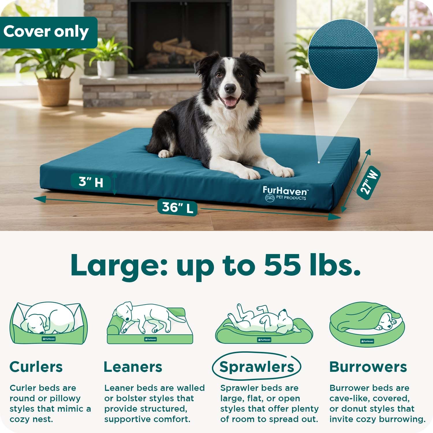 Furhaven Ersatz-Hundebettbezug, wasserabweisend, für drinnen und draußen, Logo-Druck, Oxford-Polycanvas-Matratze, waschbar, Deep Lagoon, Größe L