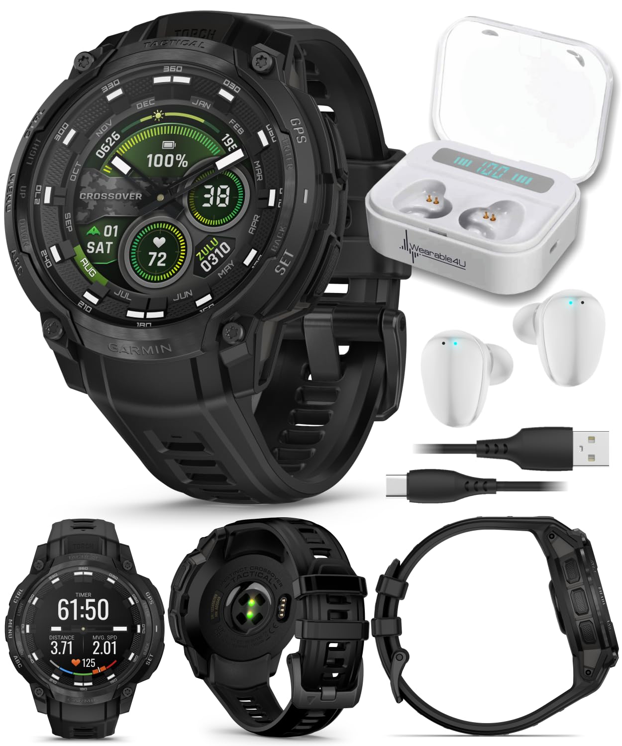 Garmin Instinct Crossover Tactical Edition Rugged Hybrid GPS Smartwatch, 1.2" AMOLED Sapphire, Analog Hands, Jumpmaster Activity, Applied Ballistics White Earbuds Bundle