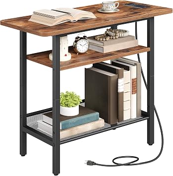 HOOBRO Side Table, Narrow End Table with Shelf and Charging Station, 3-Tier Bedside Tables with Wide Storage Tabletop for for Small Spaces, Living Room, Bedroom, Rustic Brown and Black BF366UBZ01