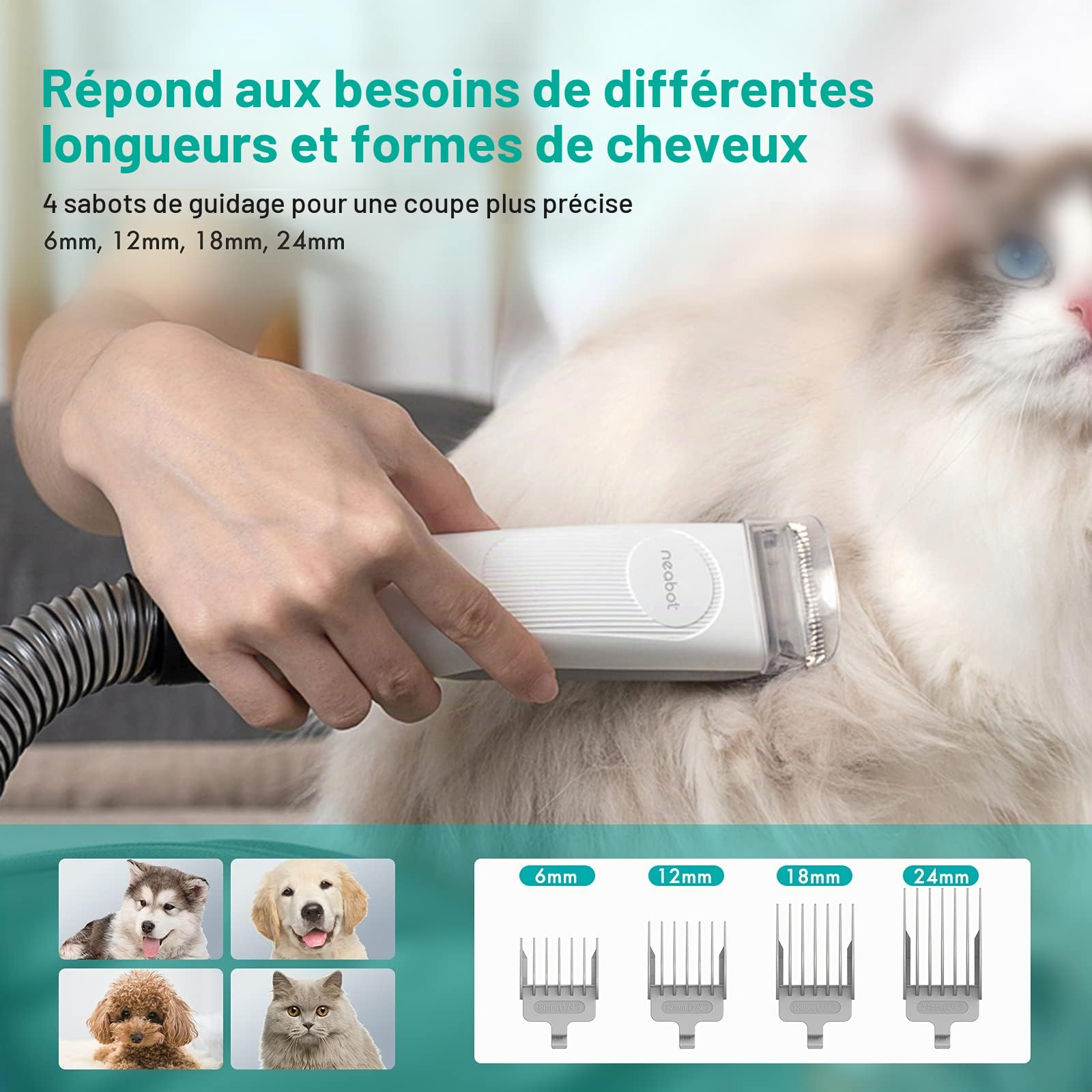 neabot P1 Pro Tondeuse pour Chien/Chat Professionnelle, Aspirateur de Poils pour Animaux, Kit de Toilettage pour Animaux, 5 Outils de Toilettage Éprouvés (Noir)