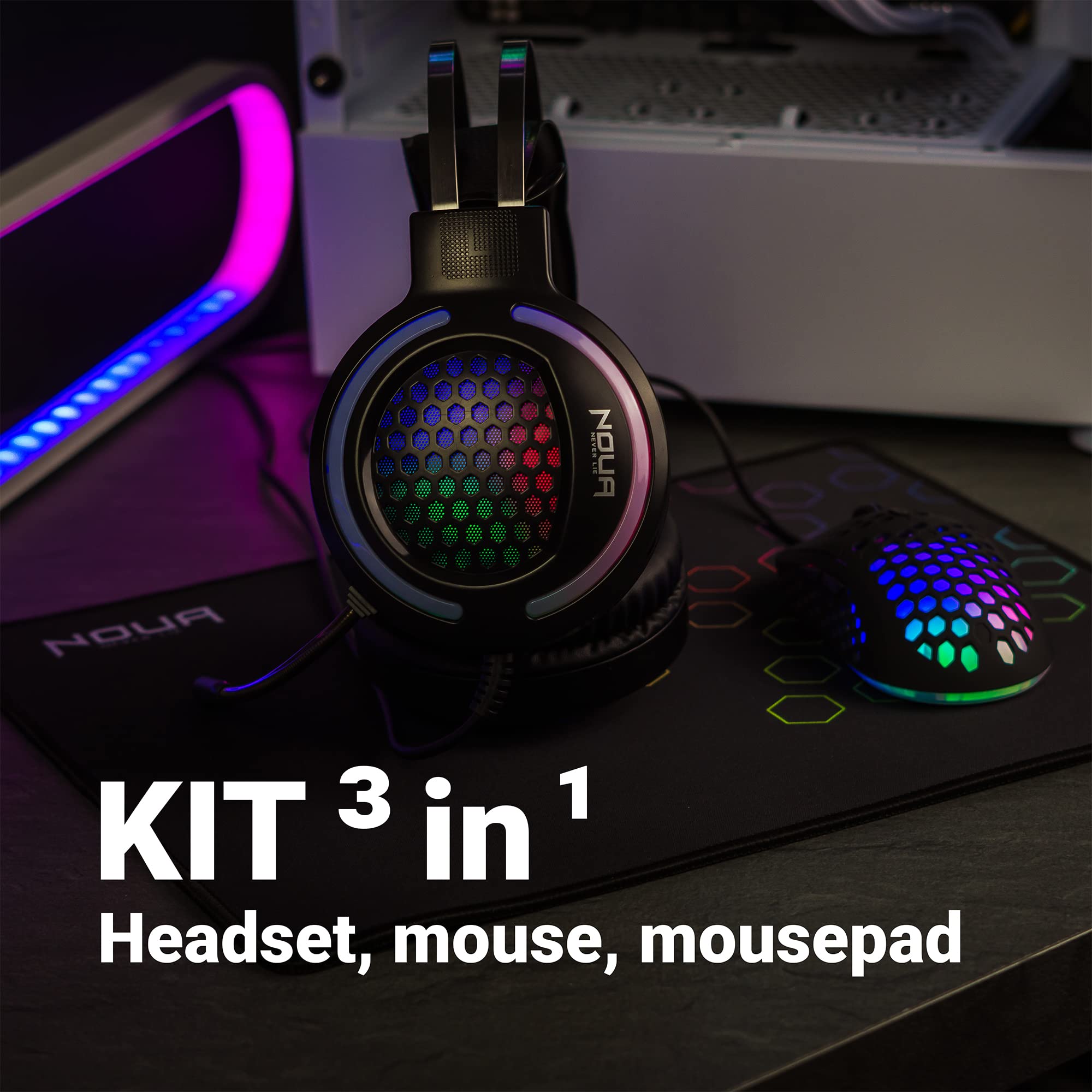 Noua Uranus Kit Gaming 3 in 1 Mouse + Cuffie + Tappetino - Combo per PC Mouse RGB 7200 dpi, Cuffie con Microfono, Tappetino per Mouse