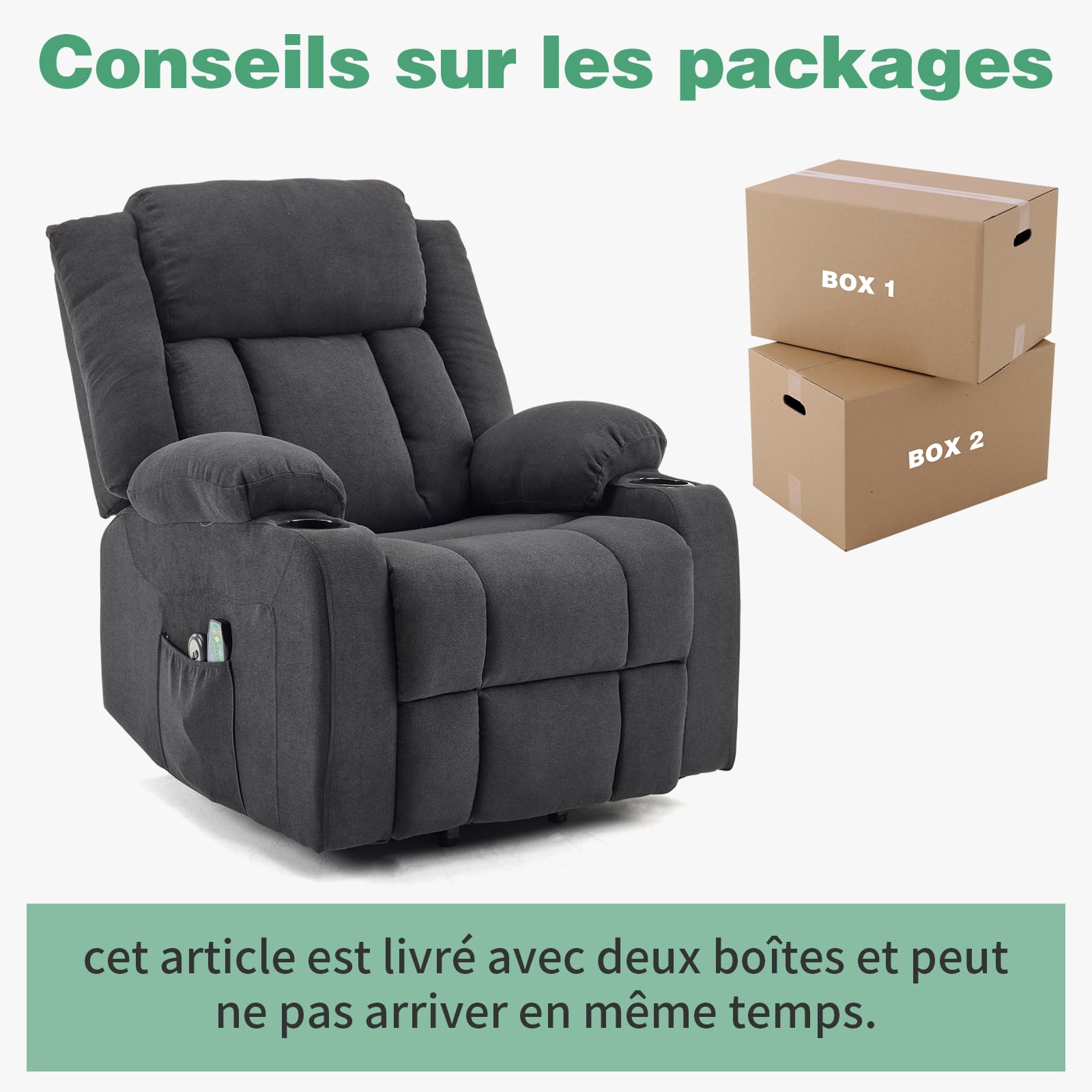 LEADZM Sillón elevador eléctrico relax con función de masaje y calor | inclinación ajustable y reposapiés, mando a distancia incluido, Schwarz