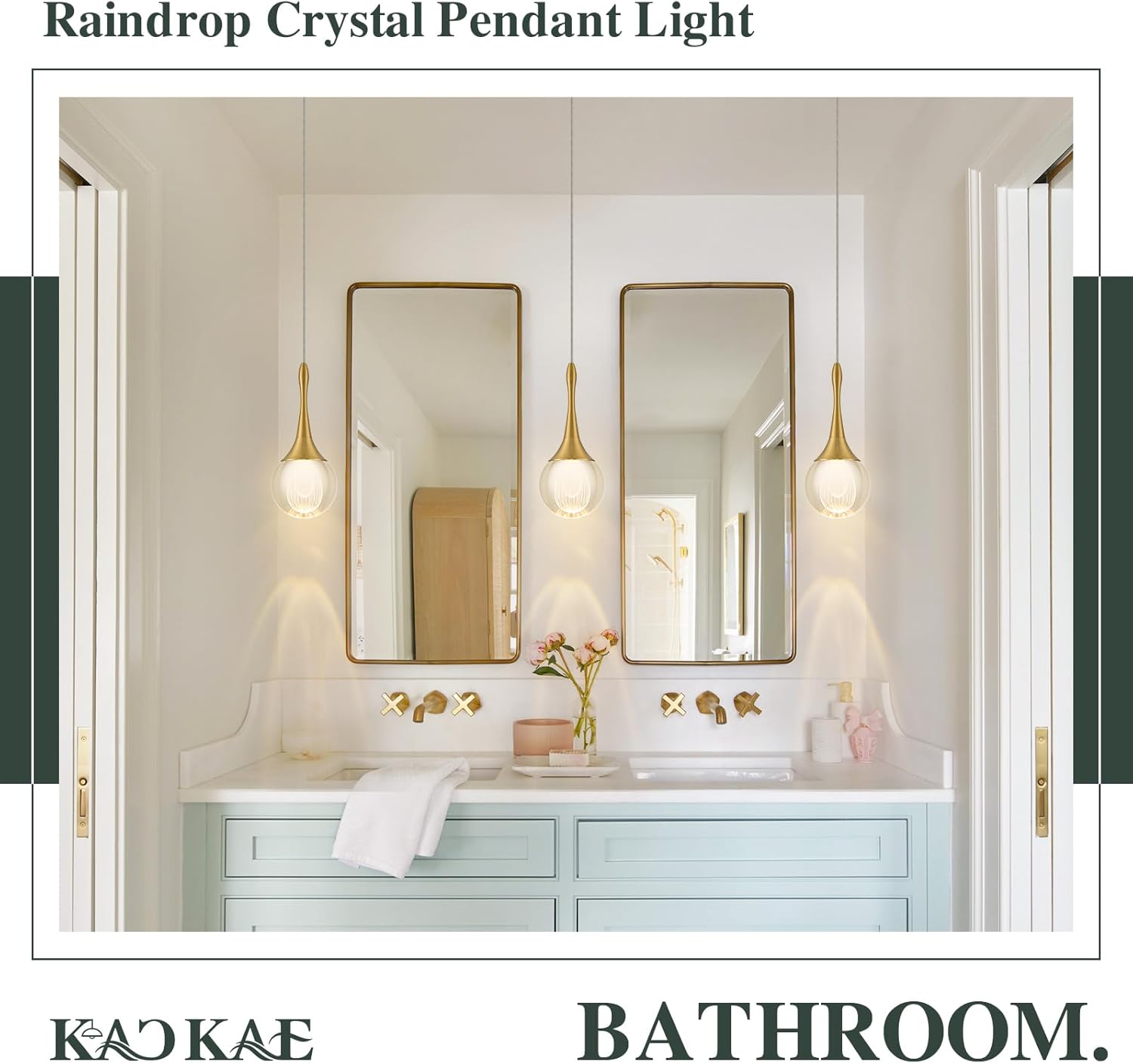 LED Pendant Light Kitchen Island Raindrop Crystal Pendant Lights Dimmable Gold Modern Hanging Light for Bedroom Bathroom Living Room 3000K Warm White, 1 Pack