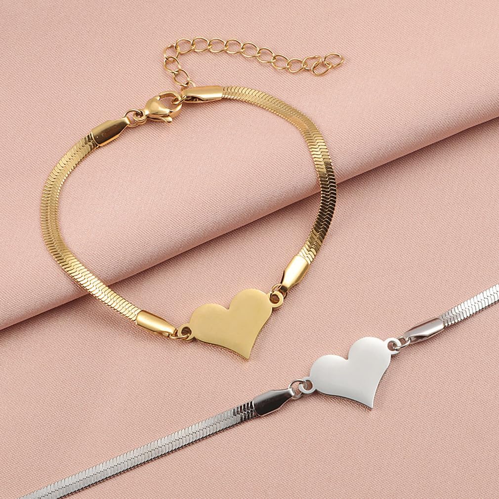 Whispered Love Snake Chain Heart Bracelet for Women Stainless Steel Adjustable Extender