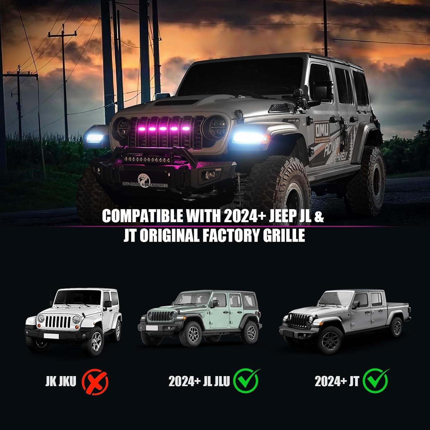 RGB LED Grille Lights Compatible with 2024 2025 Jeep Wrangler JL JLU Gladiator JT, 5PCS Color-Changing Front Grill Lights, APP Control, Music Sync, IP68 Waterproof, Easy Plug & Play Install