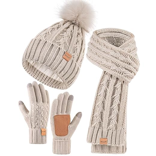 Womens Beanie Hat Scarf Gloves Set, Soft Fleece Lined Winter Hat with Pom Pom, Long Knit Scarf Neck Warmer Touchscreen Gloves for Cold Weather, 3 In 1 Warm Set(Oatmeal)