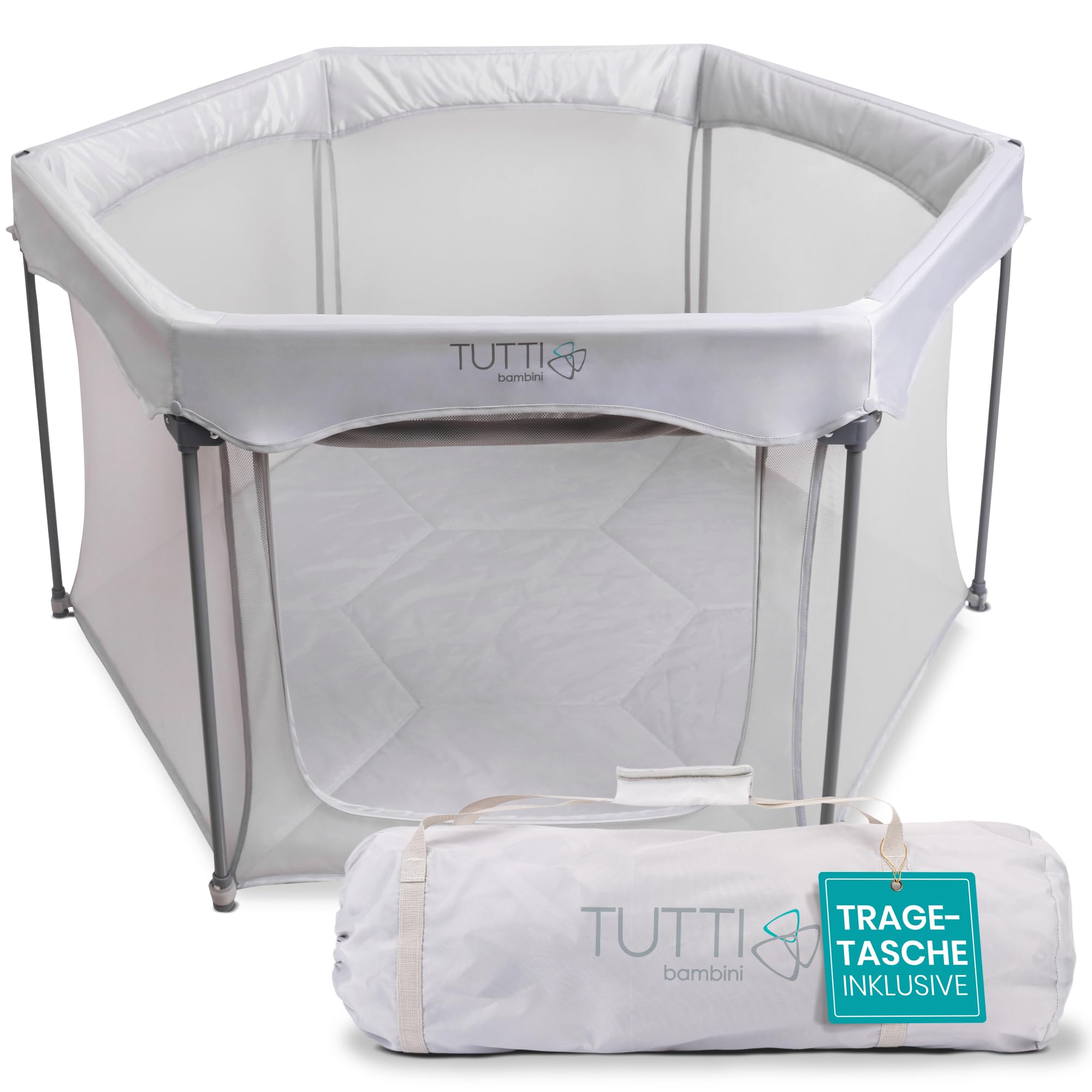 Tutti Bambini Laufstall Baby Faltbar - Baby Playpen mit 360°-Netzwänden, Schnellklappmechanismus, Reißverschlusstür, Bodenmatte & Tragetasche, 135 x 135 x 75 cm (Silber)