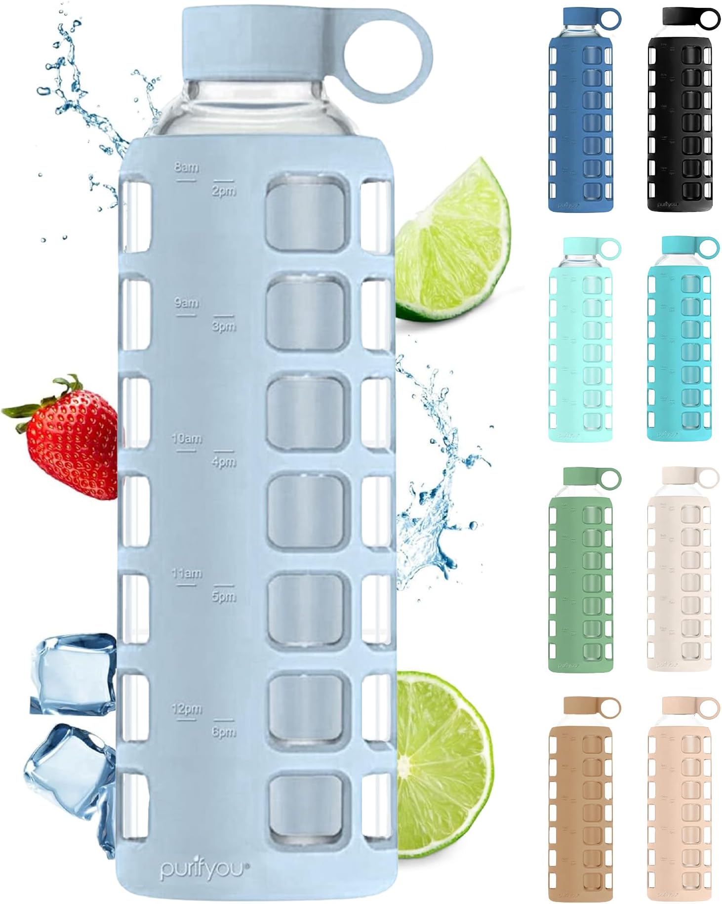 purifyou 40oz / 32oz / 22oz / 12oz Borosilicate Glass Water Bottle with Time & Volume Markers, Silicone Sleeve, Stainless Steel Lid | Reusable Glass Bottle for Water & Juice (32oz Ice Blue)