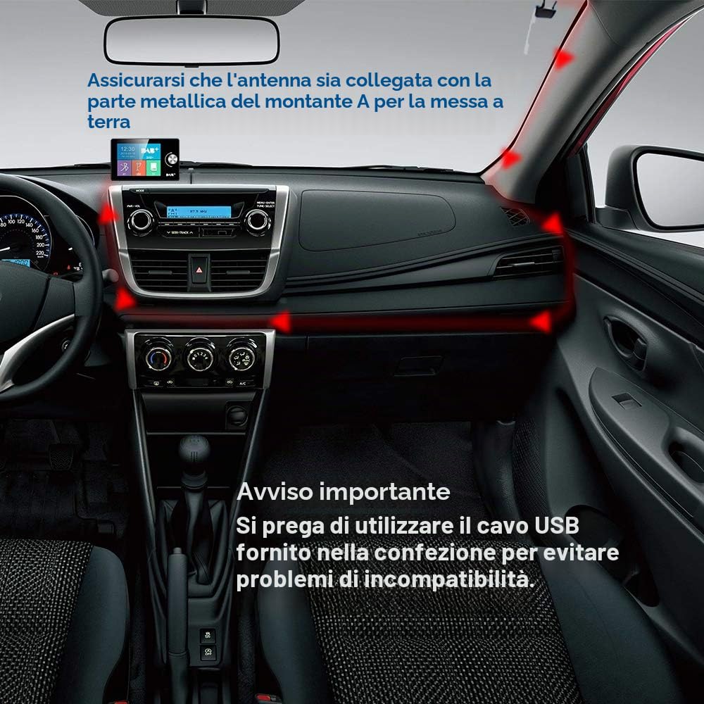 Adattatore Radio DAB 2.8 Pollici con FM Bluetooth e Vivavoce AUX USB TF | Schermo a colori con trasmettitore FM supporto AUX IN OUT e riproduzione da U Disk e TF Card