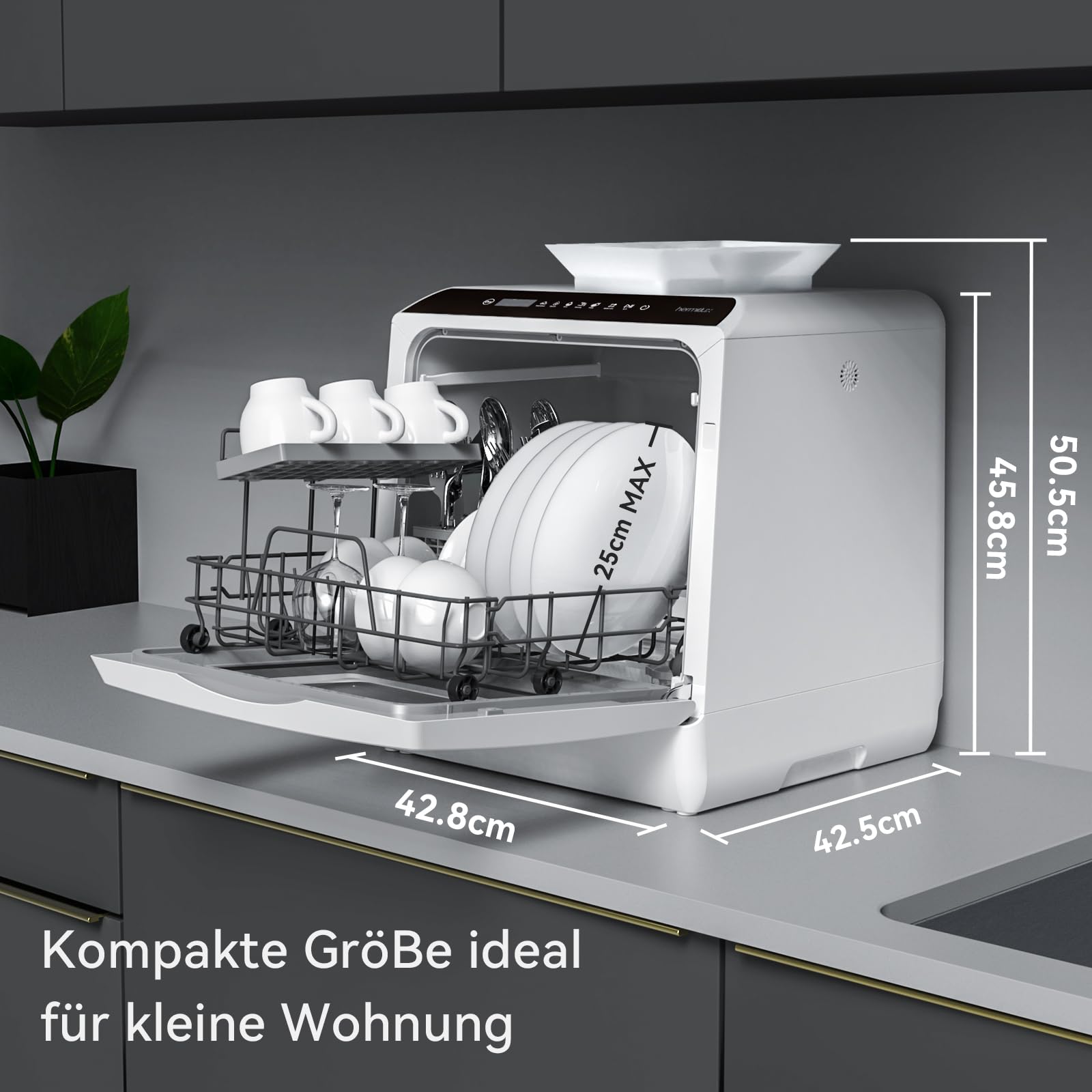 Hermitlux Mini Geschirrspüler, 4 Bestecksätze, 5 Liter Wassertank, 6 Programme, Tischgeschirrspüler, Weiß