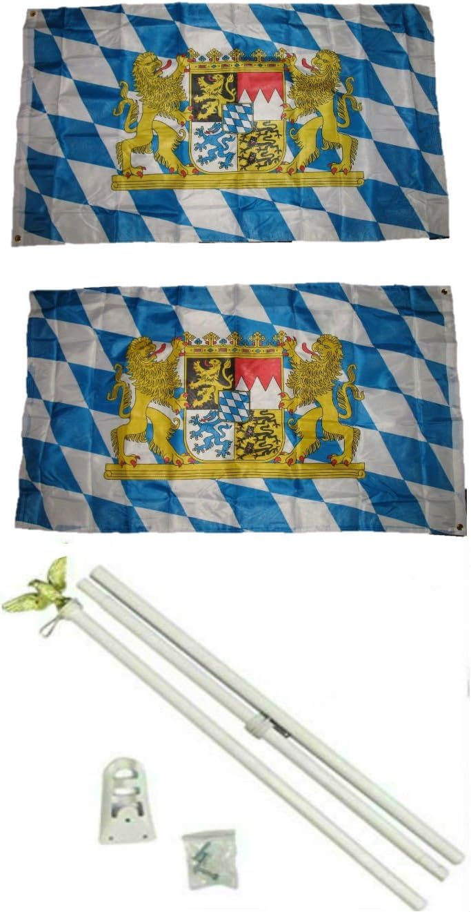 AES Bavaria Lions and Crest 3'x5' Polyester 2 Ply Double Sided Flag with 6' White Flag Pole Kit with Eagle Topper