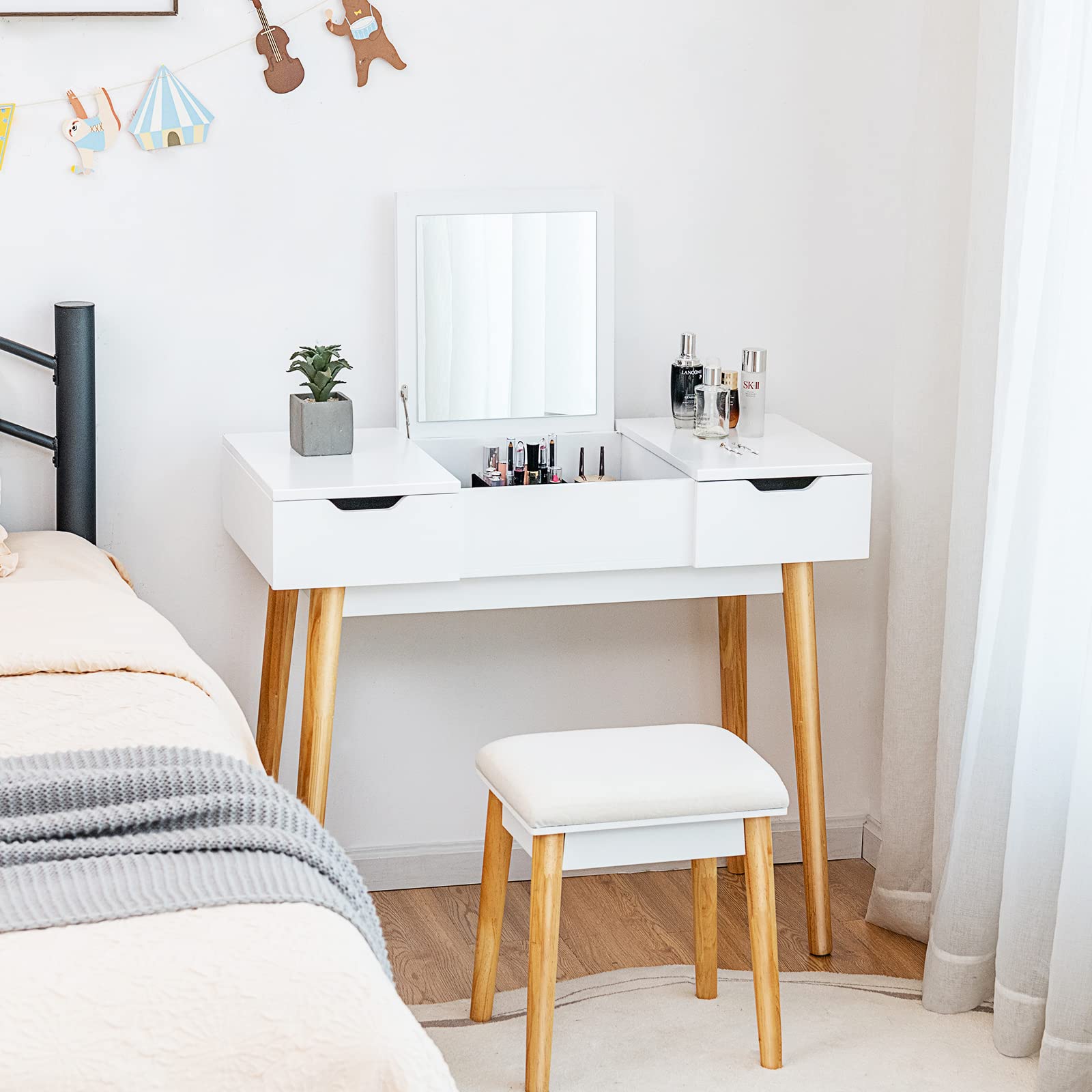 CHARMAID Vanity Set with Flip Top Mirror, 2 Drawers and 9 Storage Compartments, Removable Dividers, Cushioned Stool, Writing Desk Makeup Dressing Table for Kids Girls Women, Easy Assembly (White)