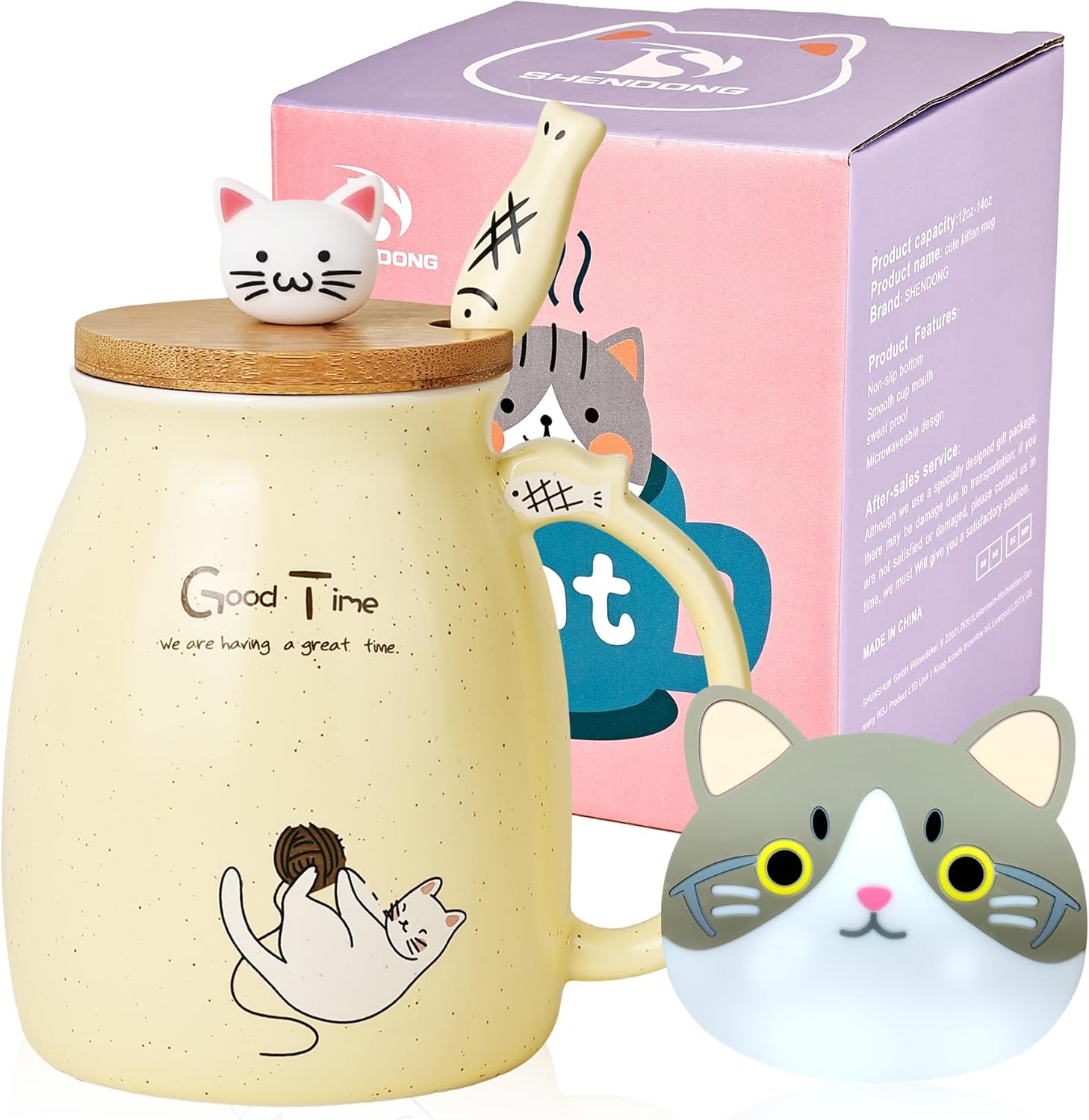 Cat Mug Cute Ceramic Coffee Cup with Kawaii Cat Wooden Lid and Lovely