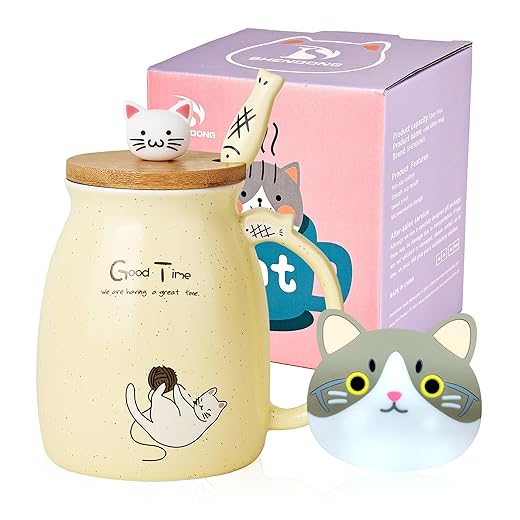 Cute Cat Mug Ceramic Coffee Mug with Lid and Wooden Spoon Kawaii Novelty Morning Mug Milk Coffee Tea Cups Cat Mugs for Cat Lover Women Yellow