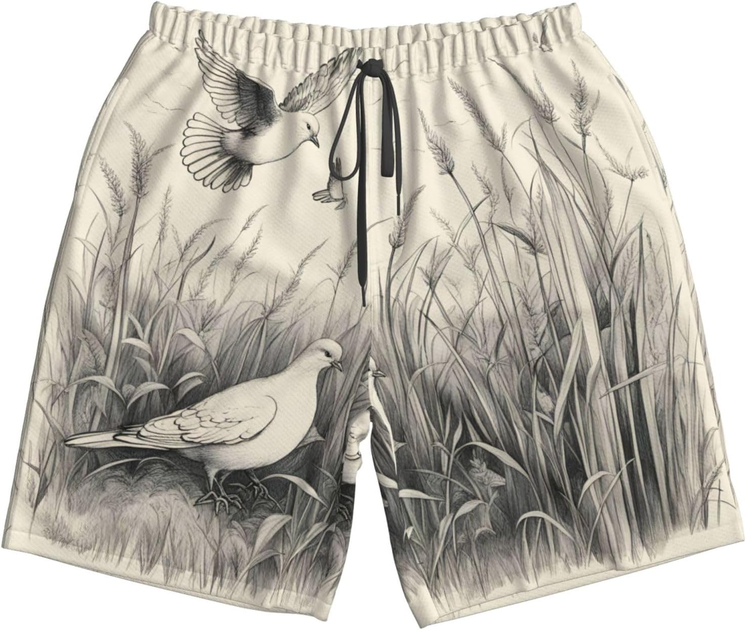 Grass and Dove Print Men's Quick-Drying Shorts Casual Beach Pants Stretch Waist Shorts and Pockets