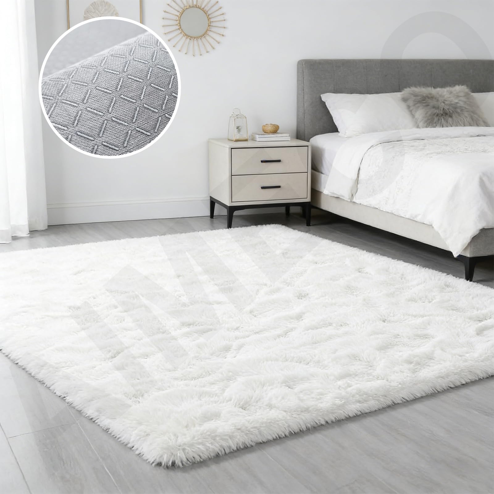 Weißer Langflor Teppich 140x200 cm – Waschbar, Antirutsch-Boden, Flauschig & Weich Hochflor Kuschelteppich für Wohnzimmer, Schlafzimmer & Kinderzimmer – Ideal für Kinder & Haustiere