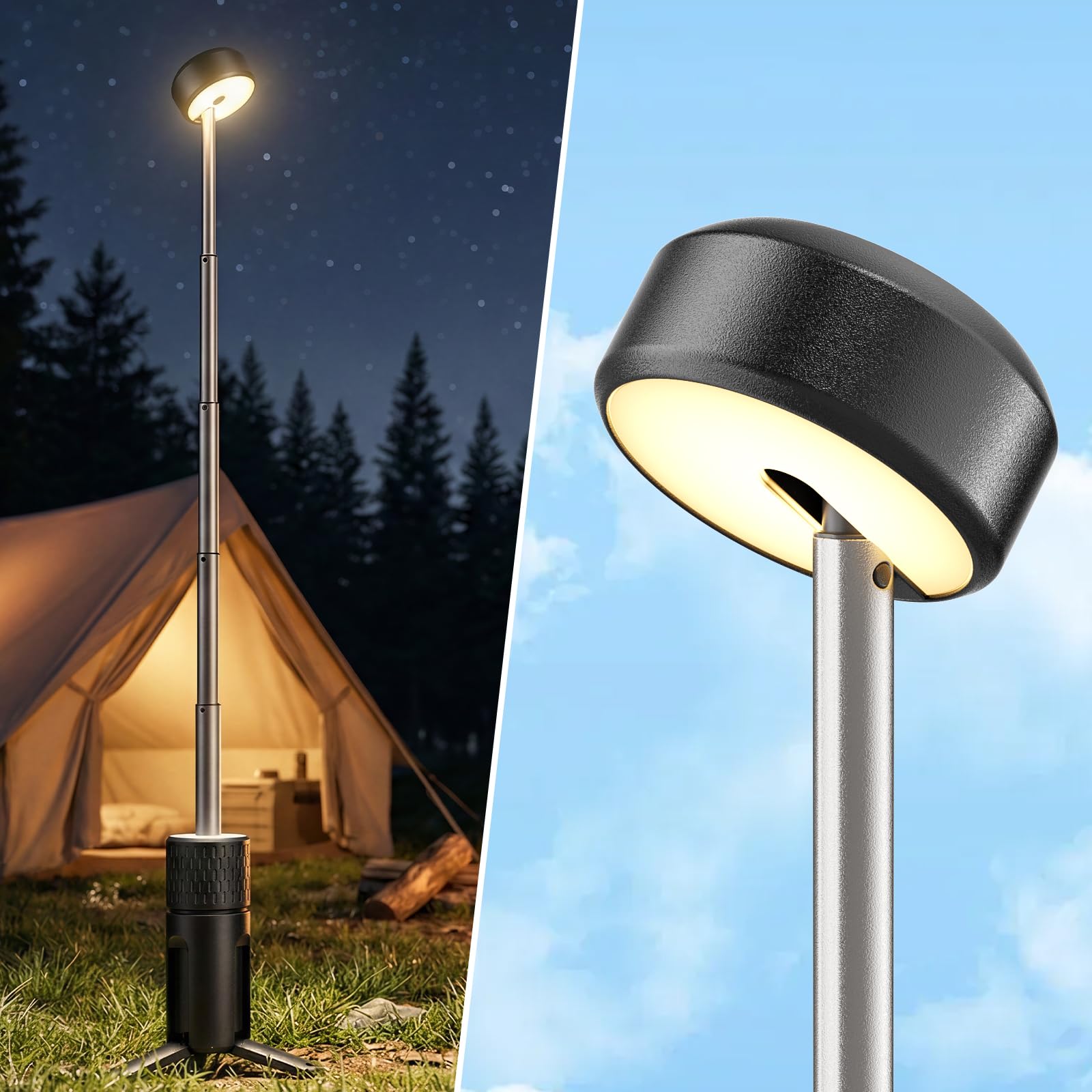 Lampes de camping télescopiques rechargeables 5400 mAh, étanches IP54 | lampe de tente de camping portable à LED, lampe de travail 600 lumens, 3 000/7 000 K, intensité réglable