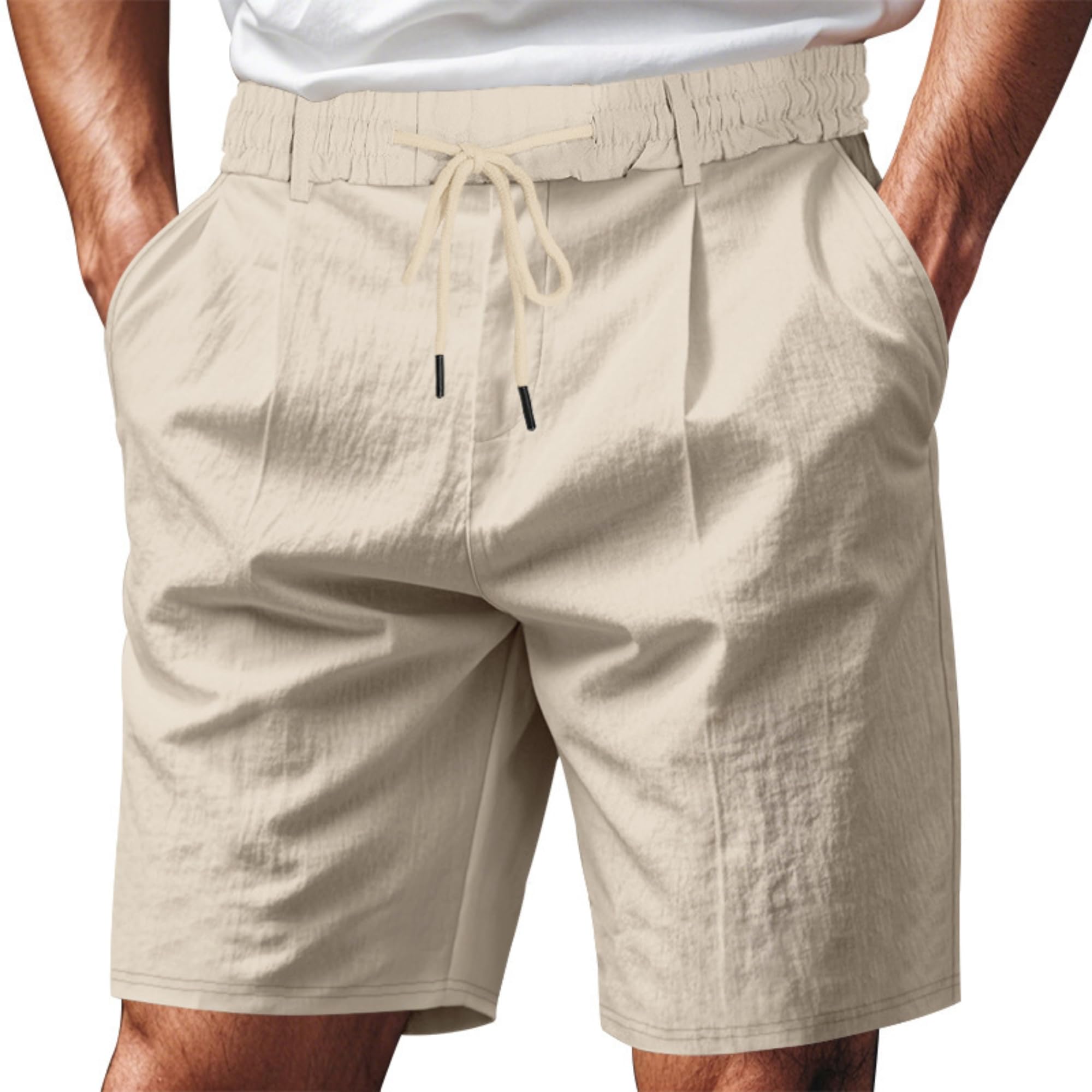 ZOCANIA Linen Shorts for Men Drawstring Loose Fit Solid Color Elastic Waist Straight Leg Summer Casual Beach Pants