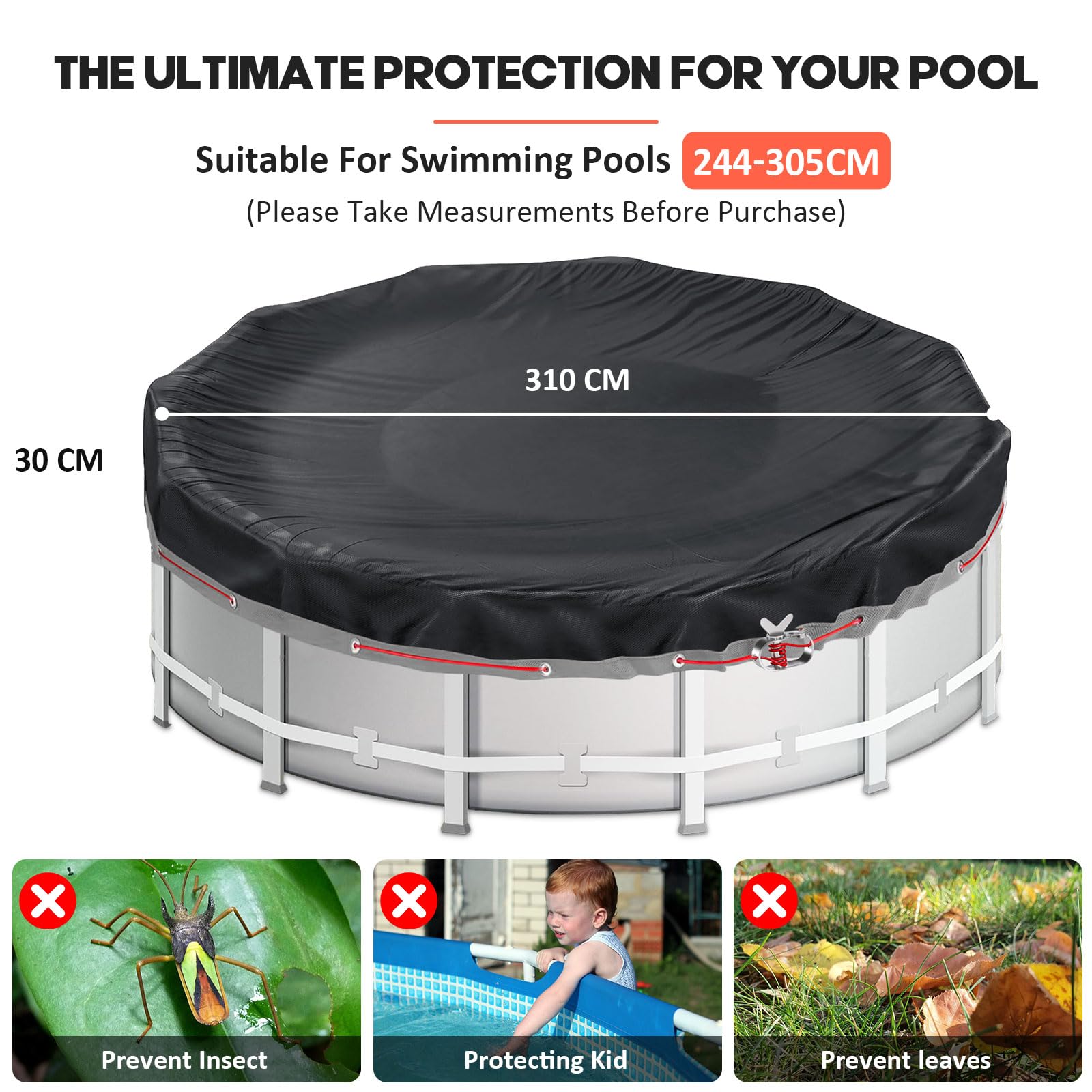 Poolabdeckung Rund für 244-305cm Pool | Pool Plane Ø310cm | Sommer & Winter Poolplane | 420D Oxford Reißfest | Abdeckplane für INTEX & BESTWAY Pools (Schwarze Ösen)